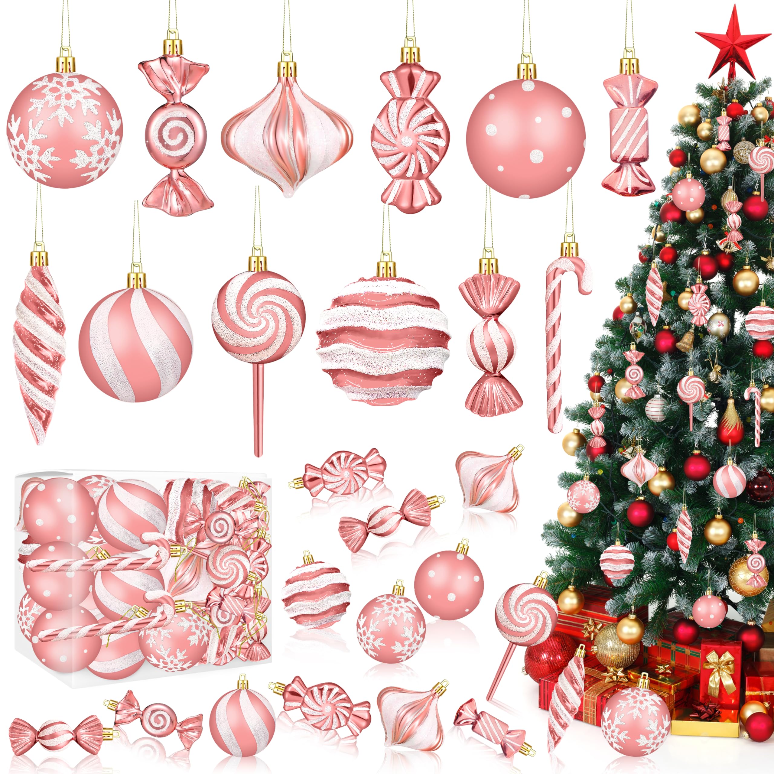 Christmas Ornaments Candy Lollipop Set -48Pcs for Xmas Tree Decoration Hanging Plastic Gloss Candy Canes Ball Pendants for New Year Home Decor Party