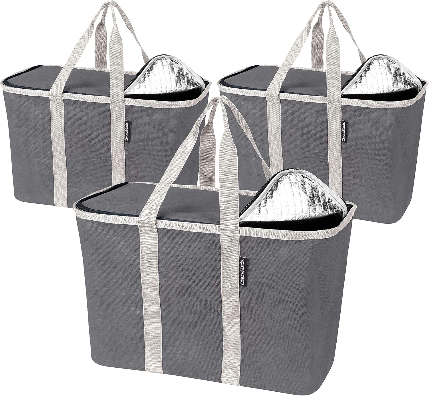 CleverMade SnapBasket Insulated Reusable Grocery Shopping Bags with Reinforced Bottom and Zippered Lid, Collapsible Durable Food Delivery Totes, 30L Size, Grey/Cream, 3 Pack