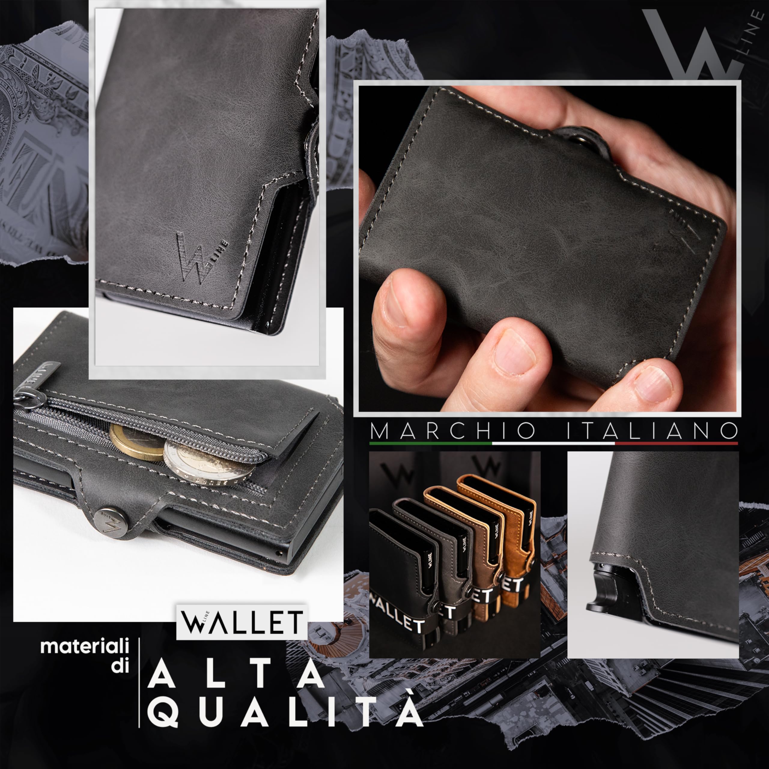 WLine Portafoglio Uomo Slim con Portamonete Rfid Compatto ed Elegante - Porta Carte di Credito Uomo e Donna Schermato in Pelle PU - Portatessere Uomo Tascabile (Grigio Vintage con Zip)