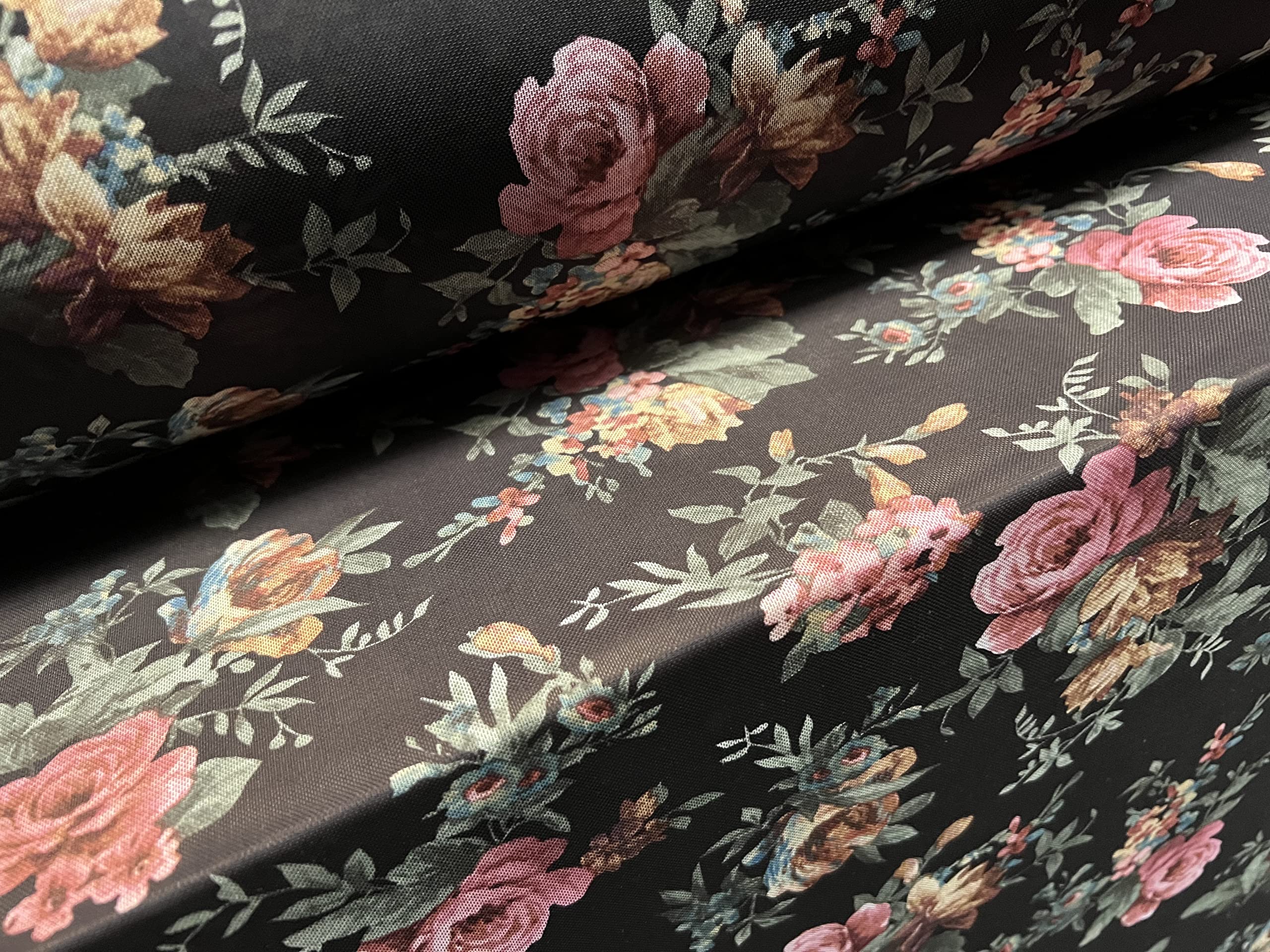 Power mesh net Stretch Spandex Fashion Fabric, per metre - Rose Flower Print - Black Pink & Gold