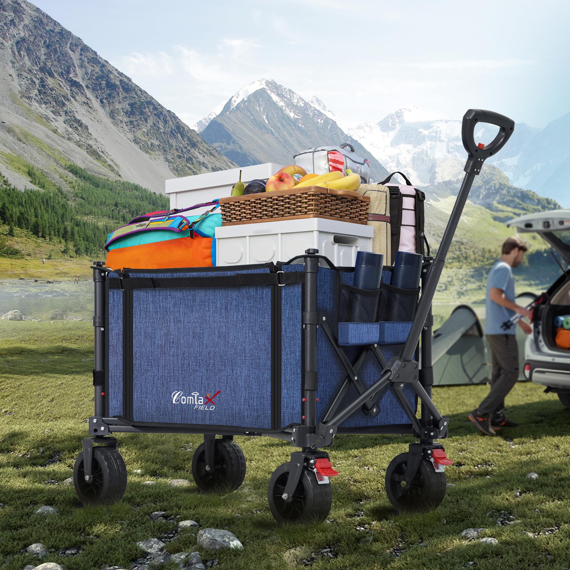 COMLAX FIELD Chariot pliable avec grandes roues tout terrain, chariot pliable de 120L 100KG avec freins, chariot de plage pour la plage, le jardin, le camping, les courses, bleu