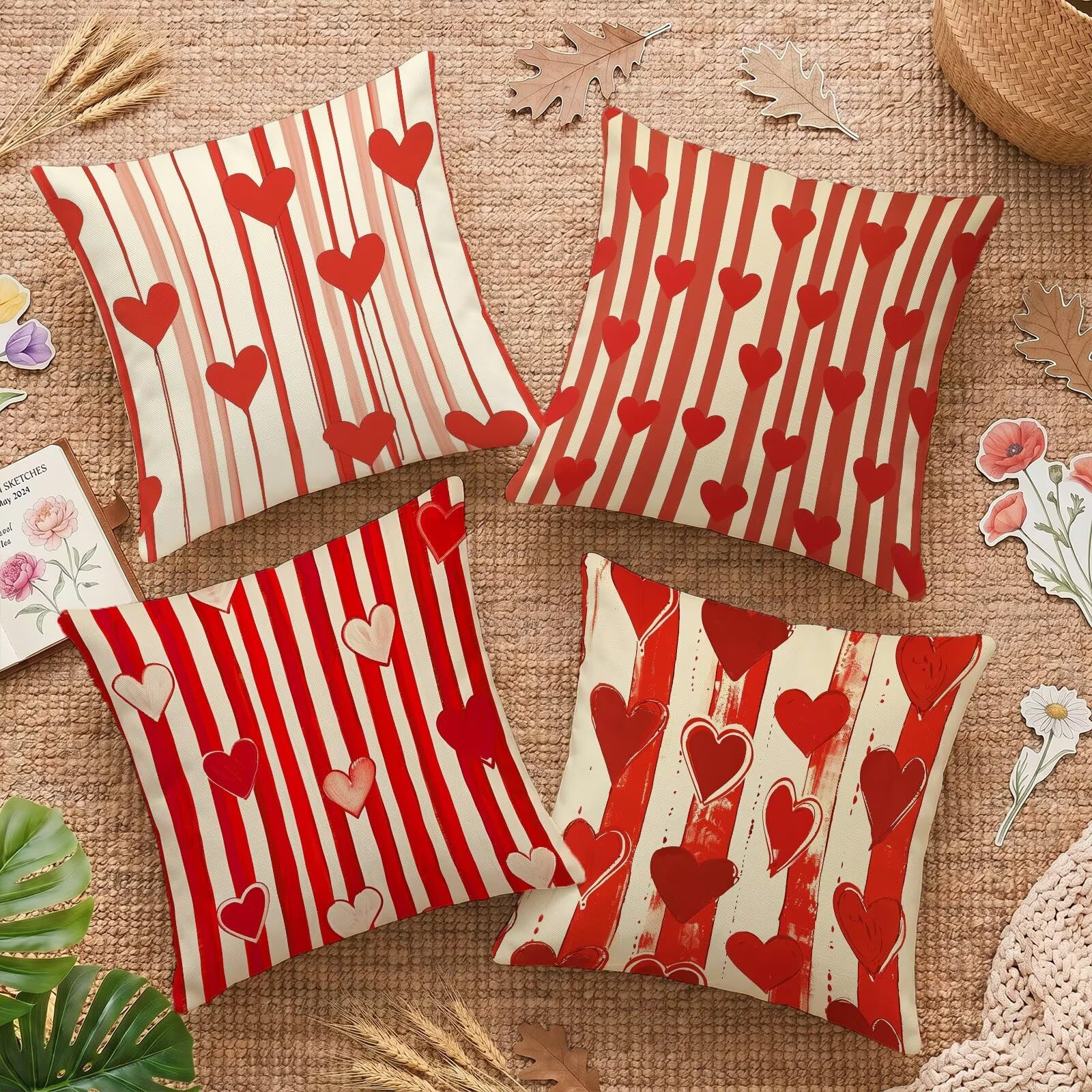 Housses de coussin rayures rouges Amour pour une ambiance cosy