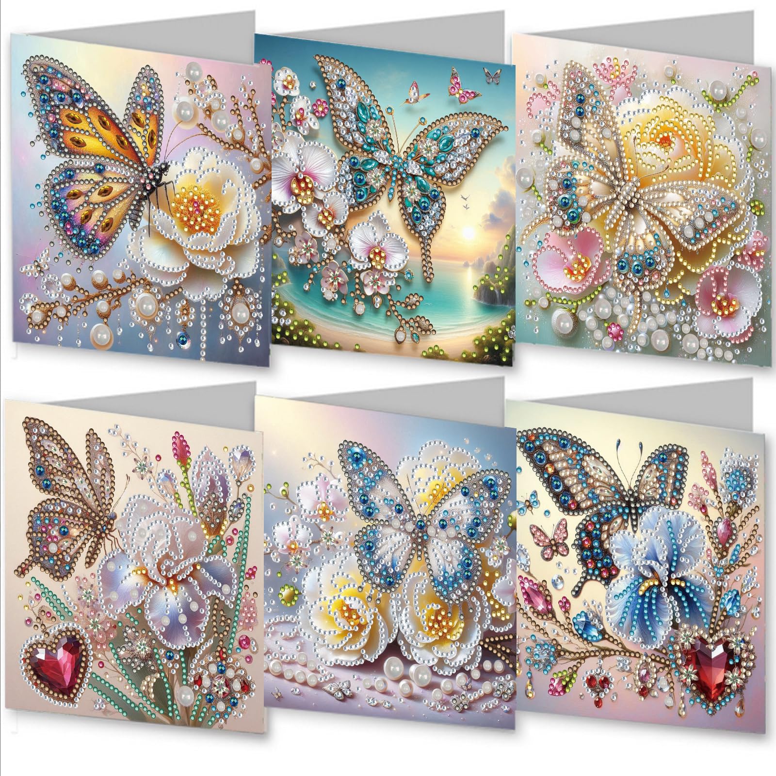 Awesocrafts 6pcs Diamond Art Christmas Cards Kits Butterfly Flower, DIY Diamond Painting Cards Sets, 5D Crystal Art Card with Envelopes, Postcards for Handmade, Xmas 30 * 15cm (Butterfly)