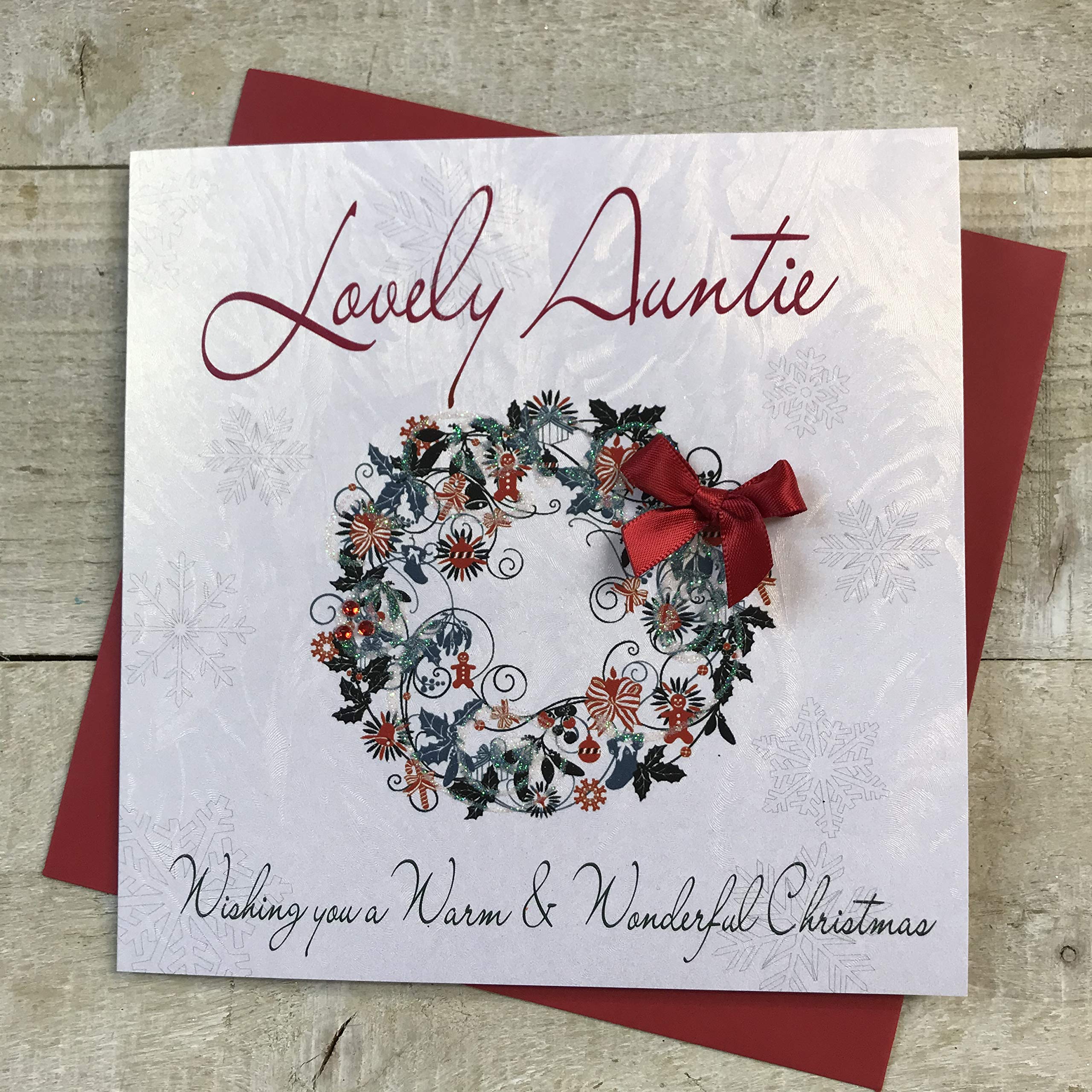 White Cotton Cards Lovely Auntie, Handmade Card, wreath Design