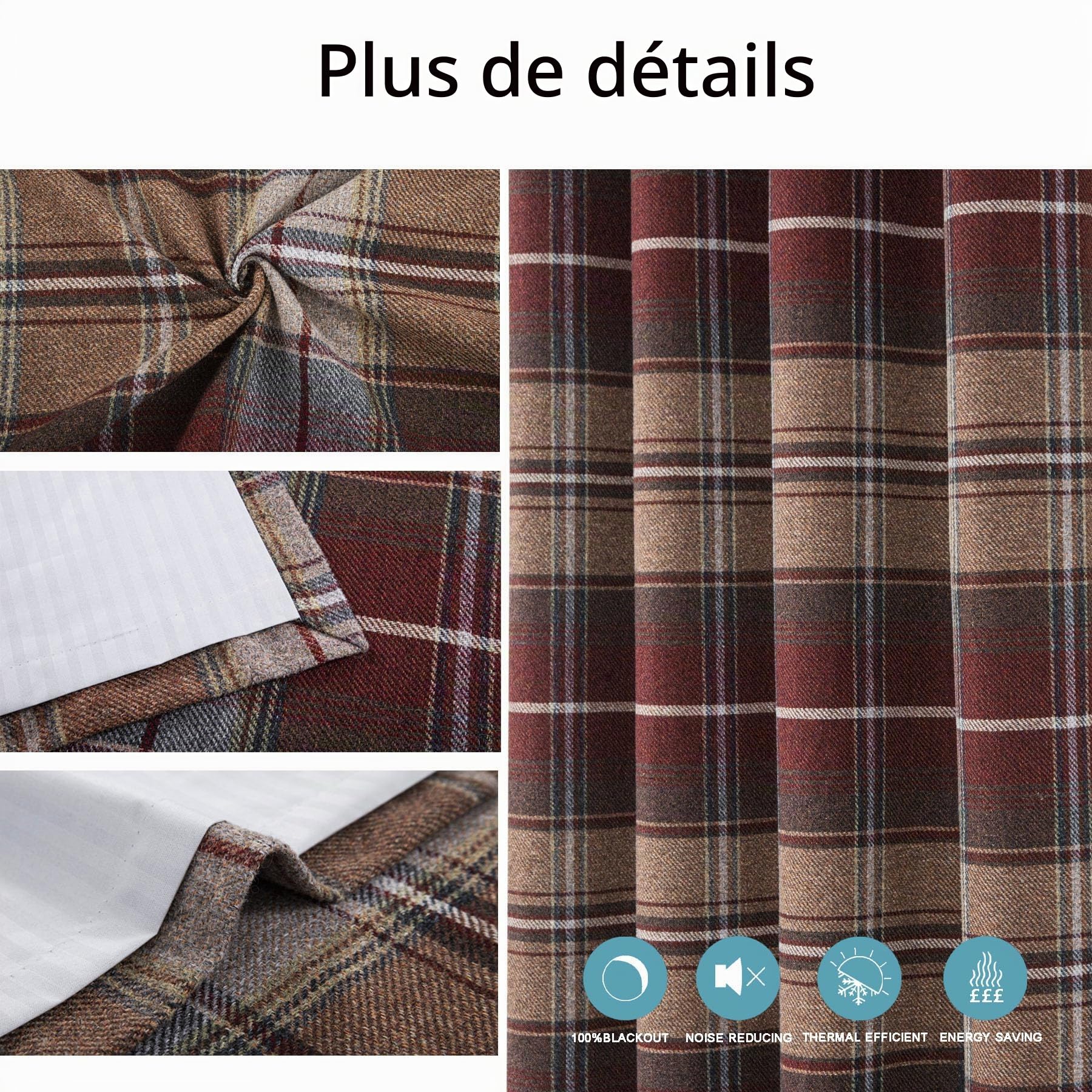 always4u Rideau Occultant à Carreaux, Double Rideaux Thermiques Isolants Anti Froid et Chaleur avec à Oeillets pour Salon Balcon et Chambre, Brun Rouge 140x175cm Lot de 2