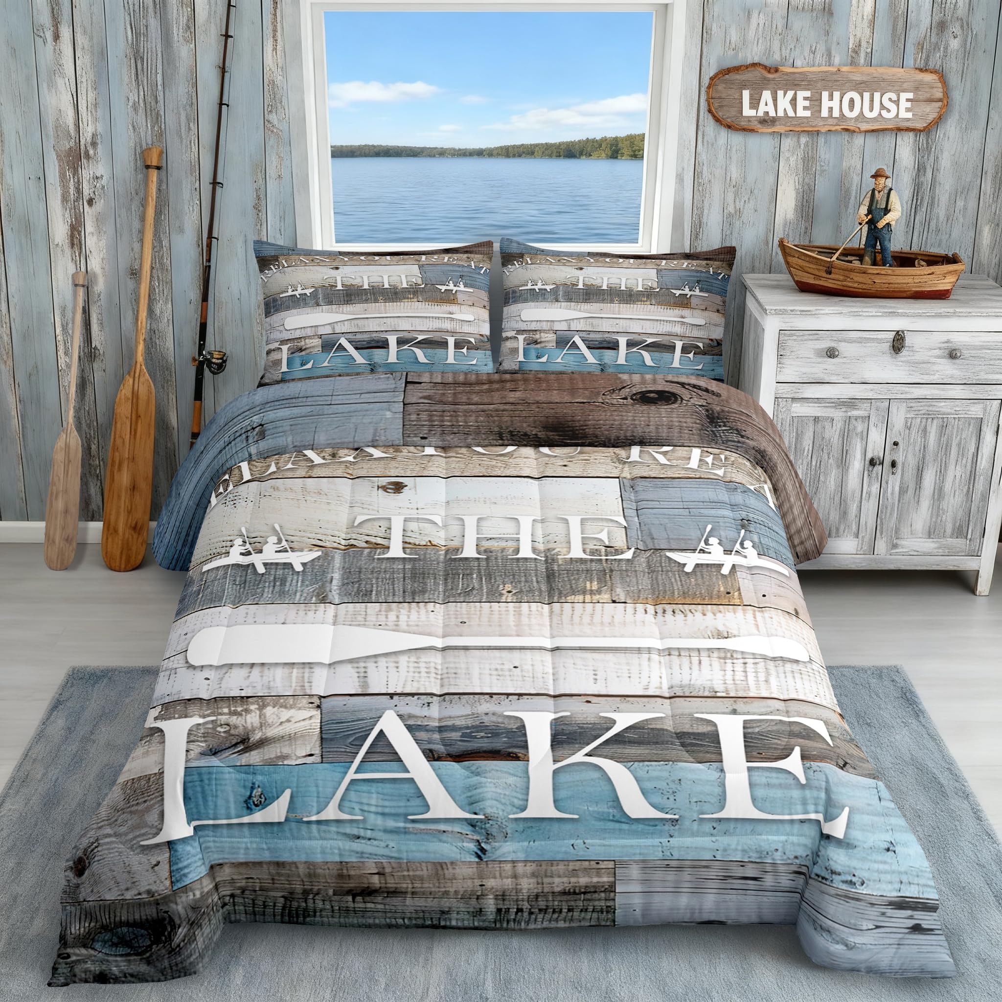 Homewish Lake House Bedding Set Rustic Farmhouse Comforter Set Full Size Blue Grey Retro Wooden Quilt Set 3pcs for Kids Adults Men Teens Bedroom Decor