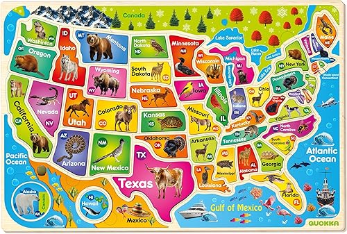 QUOKKA Rompecabezas realista de mapa de Estados Unidos para niños de 4 a 8 años - Juguete educativo de aprendizaje de geografía con imágenes de la