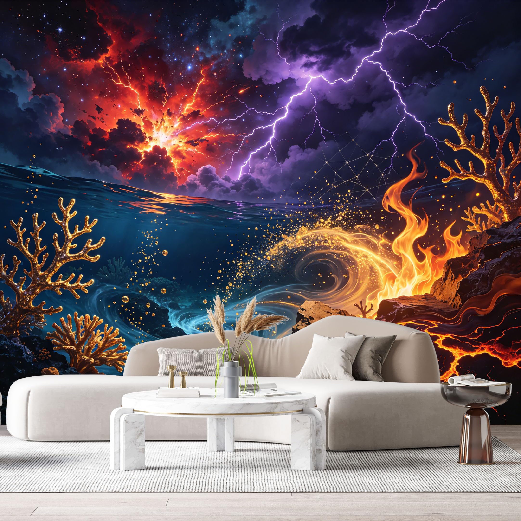 Custom Size Wall Murals Abstract Ocean Marine Fire Storm Lightning Underwater Volcano SelfAdhesive Wall Fabric Removable Large Wallpaper for Photo Living Room