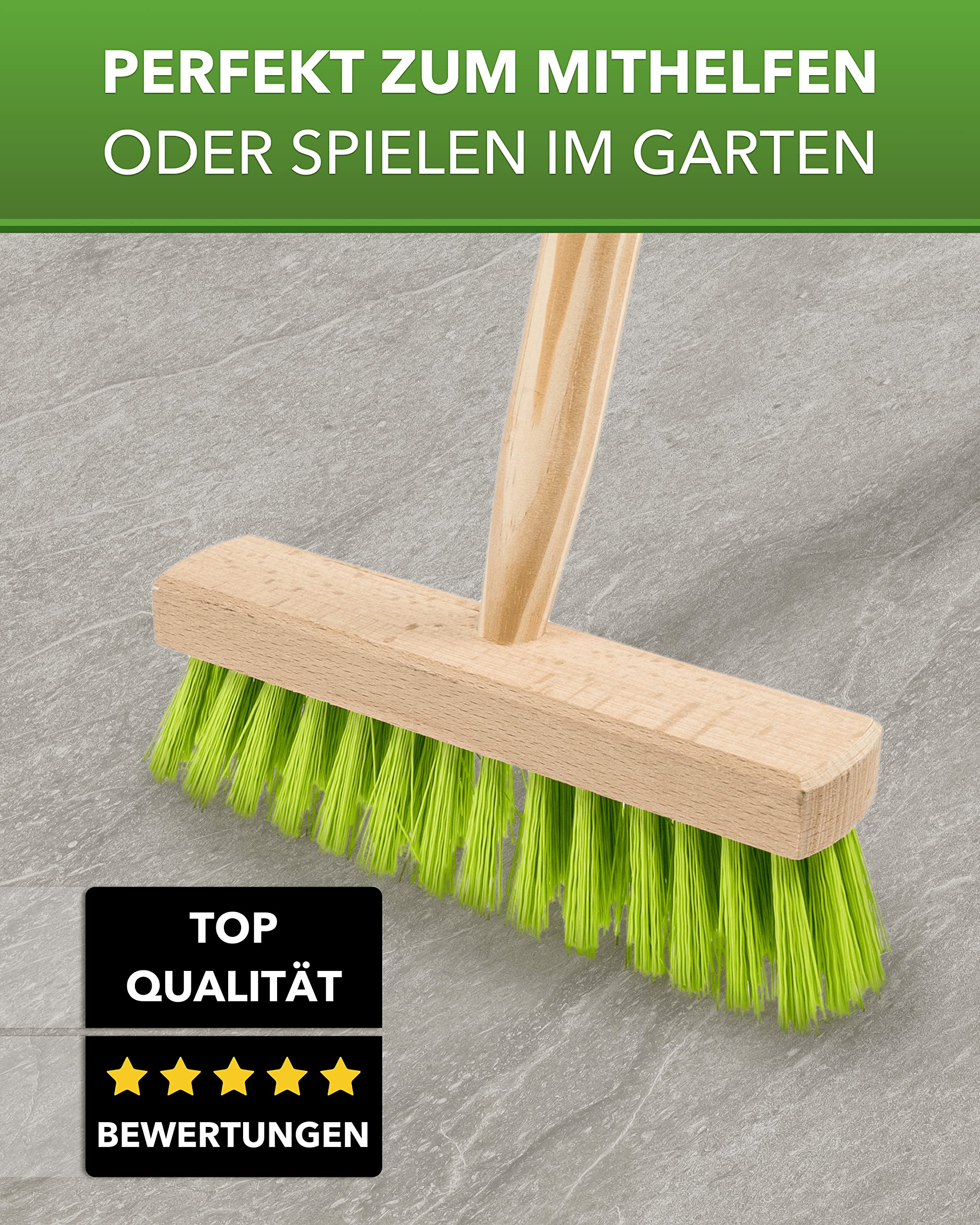 Kinder Gartengeräte Set 5 Teile - stabiles Gartenpielzeug aus Metall und Holz - kindergerechtes Gartenwerkzeug für Draußen - Rechen, Fächerbesen, Schaufel, Spaten und Besen