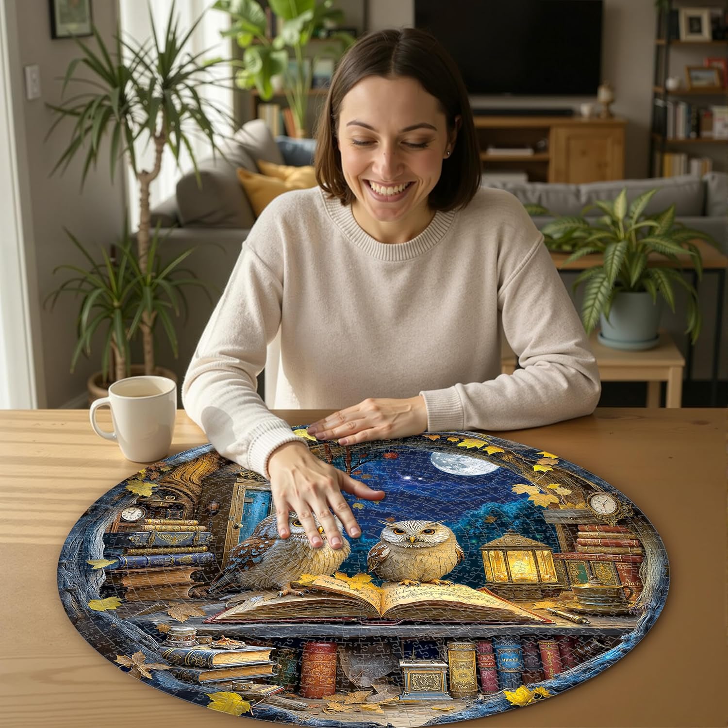 1000 Piece Round Jigsaw Puzzle for Adults - Moon Night Owl with Book, 26.8" Diameter – Stress Relief & Cognitive Challenge, Ideal Mindfulness Gift for Family Game Night, Artistic Wall Decor