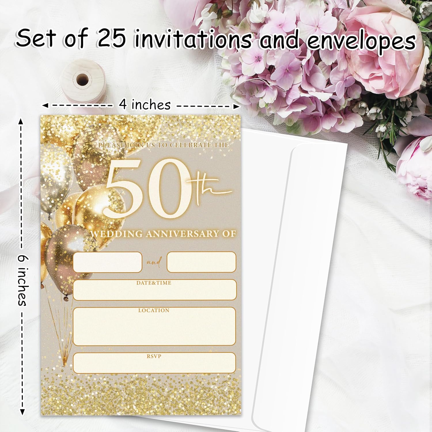 Gold Balloon 50th Wedding Anniversary Invitations With Envelopes, 50 Years Wedding Anniversary Invites, Bridal Shower Party Invitations 25 Set, Celebration Party Supply/012