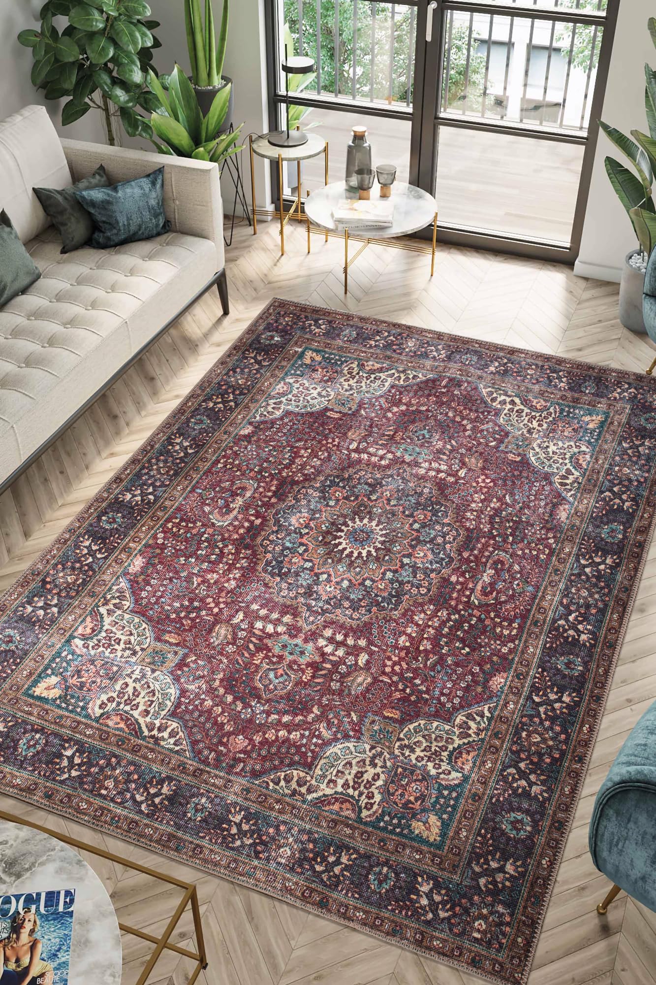Keen Home Design 10x14 Rug - Machine Washable Area Rug with Non-Slip Backing, Ideal for Living Room, Dining Room, Bedroom - Vintage, Easy Clean,