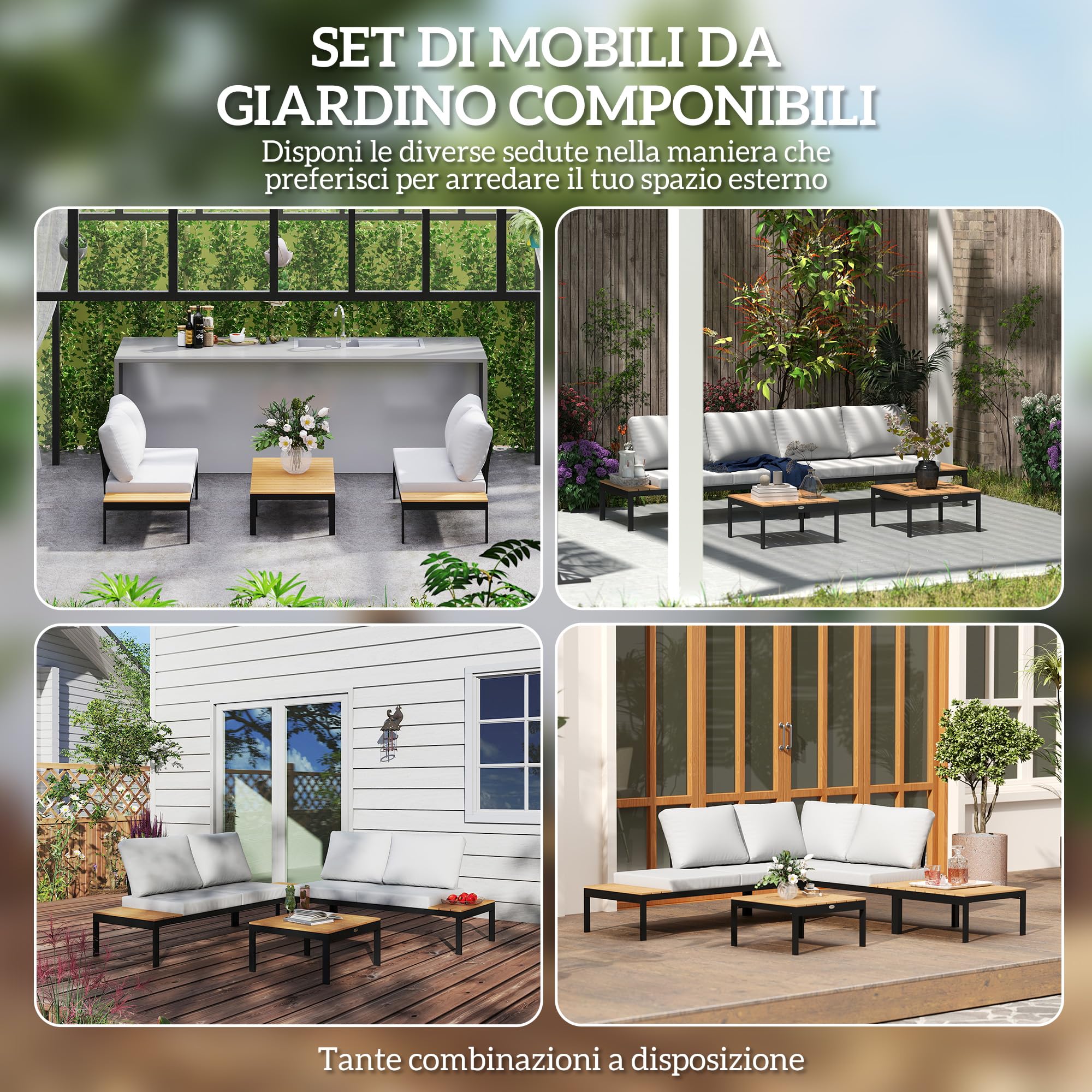 Outsunny Set Salotto da Giardino 4 Pezzi, 2 Divanetto 2 Posti, 2 Tavolini Caffè Quadrati, Legno e Cuscini Sfoderabili, Metallo e Legno Composito, Teak