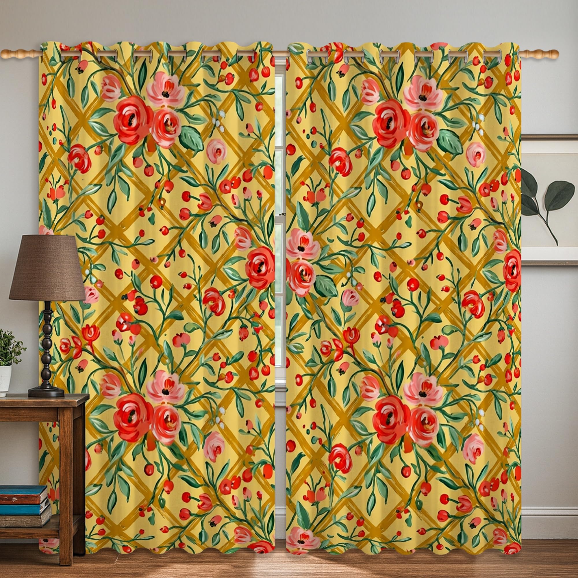 Rideaux occultants vintage à œillets jaune floral pour salon et chambre