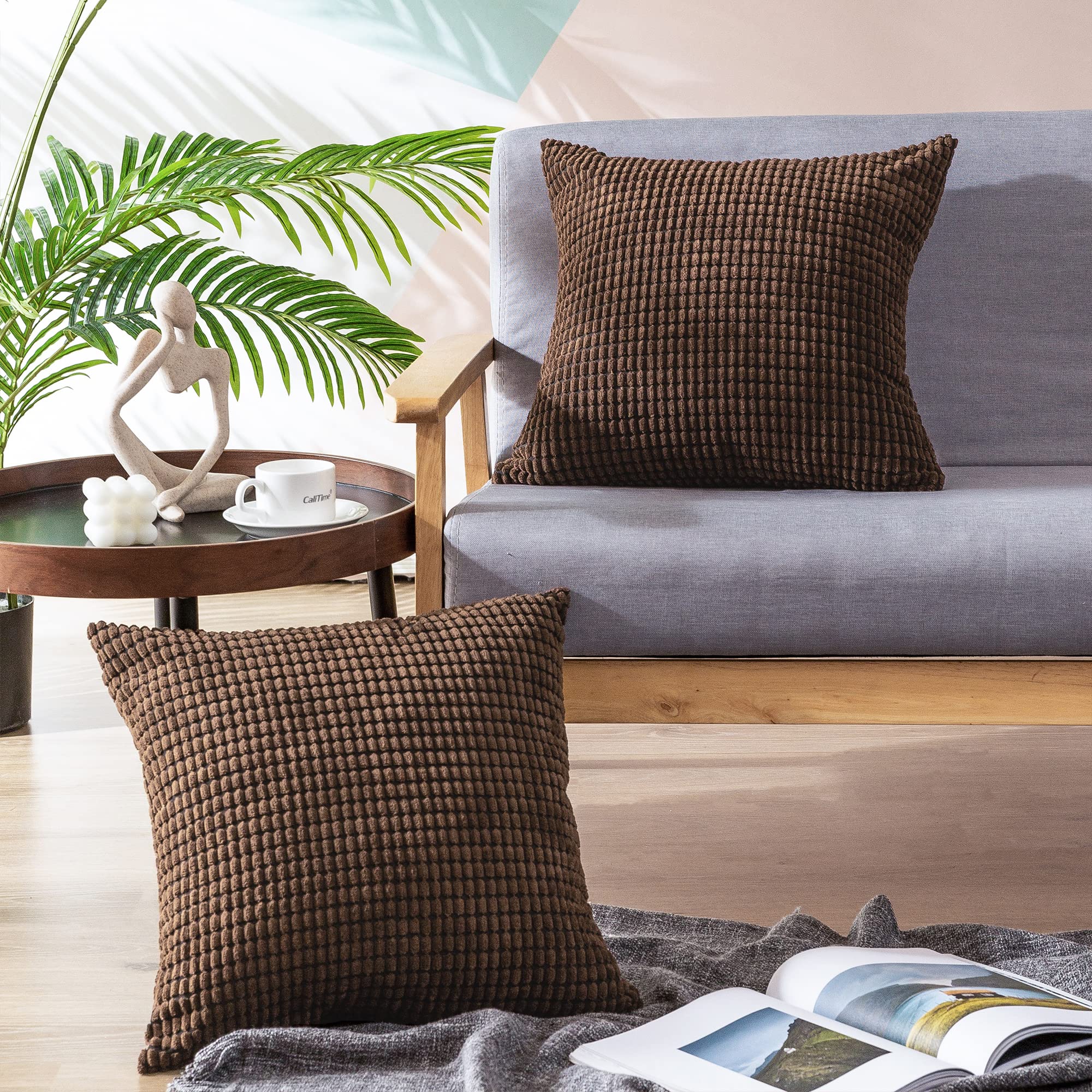 CaliTime Pack of 2 Comfy Throw Pillow Covers Cases for Couch Sofa Bed Comfortable Supersoft Corduroy Corn Striped Both Sides 66cm x 66cm Coffee - Image 2