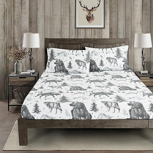 Vista 3 de Chezmoi Collection Juego de sábanas de 4 piezas tamaño King, color blanco, gris, negro, oso pardo, lobos, alces, pino, montaña, estampado, Estampado