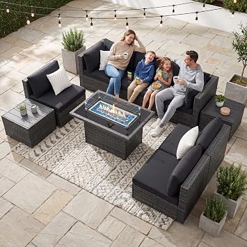 9 Piece Outdoor Patio Sectional Furniture Sofa Set with Fire Pit Natural Gas Propane, 29.3 High Back Modern Large Size Wicker Conversations with Fireplace for Backyard, Deep Seats Gray
