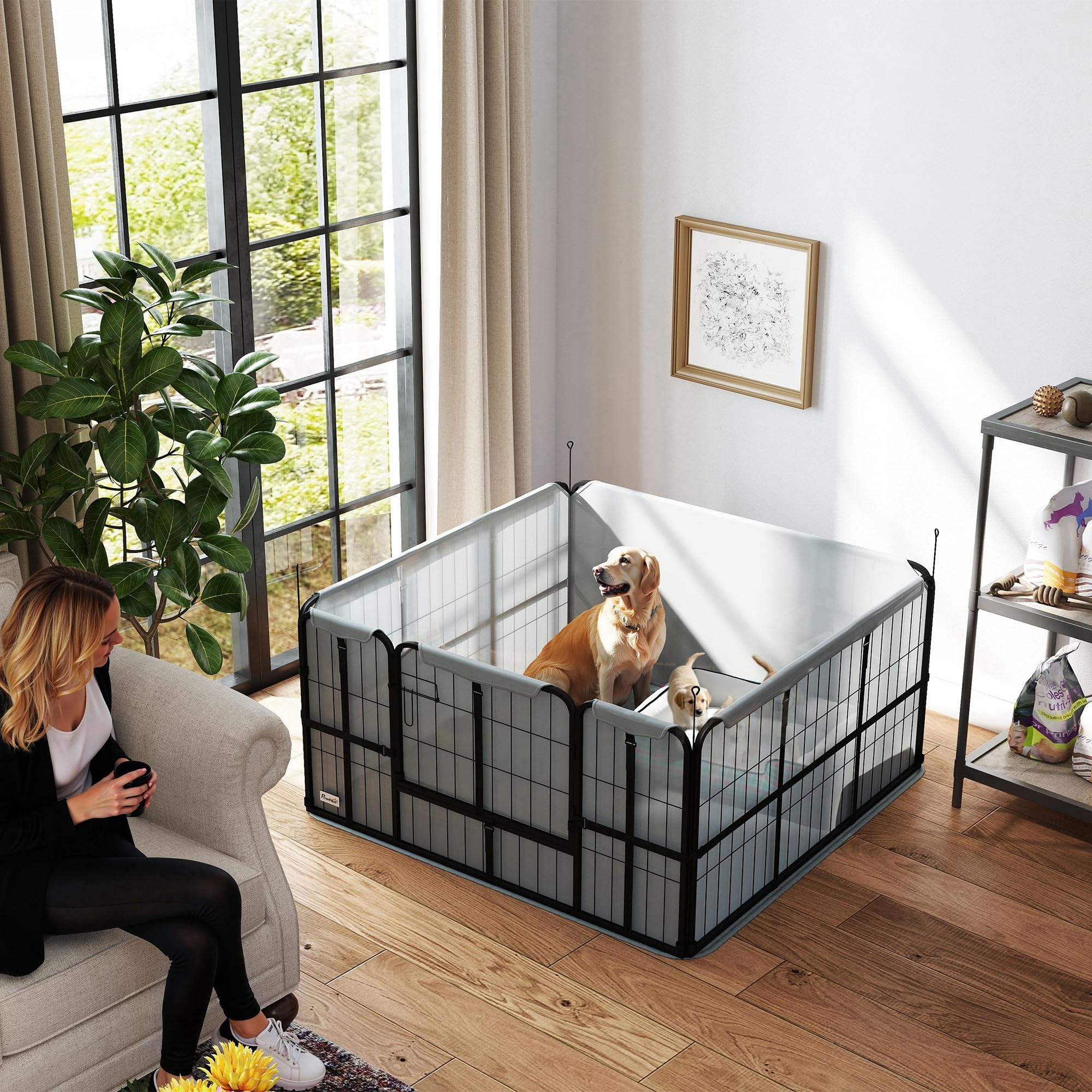 PawHut Parc de Mise Bas pour Chien, Caisse de Mise Bas pour Chiens, avec Porte verrouillable, Tissu Oxford 600D, Tapis de propreté Lavable, enclos Chien, en Acier, 122 x 122 x 60 cm, Noir | Caisse de Mise Bas, Porte Verrouillable, Tissu Oxford 600D, Tapis
