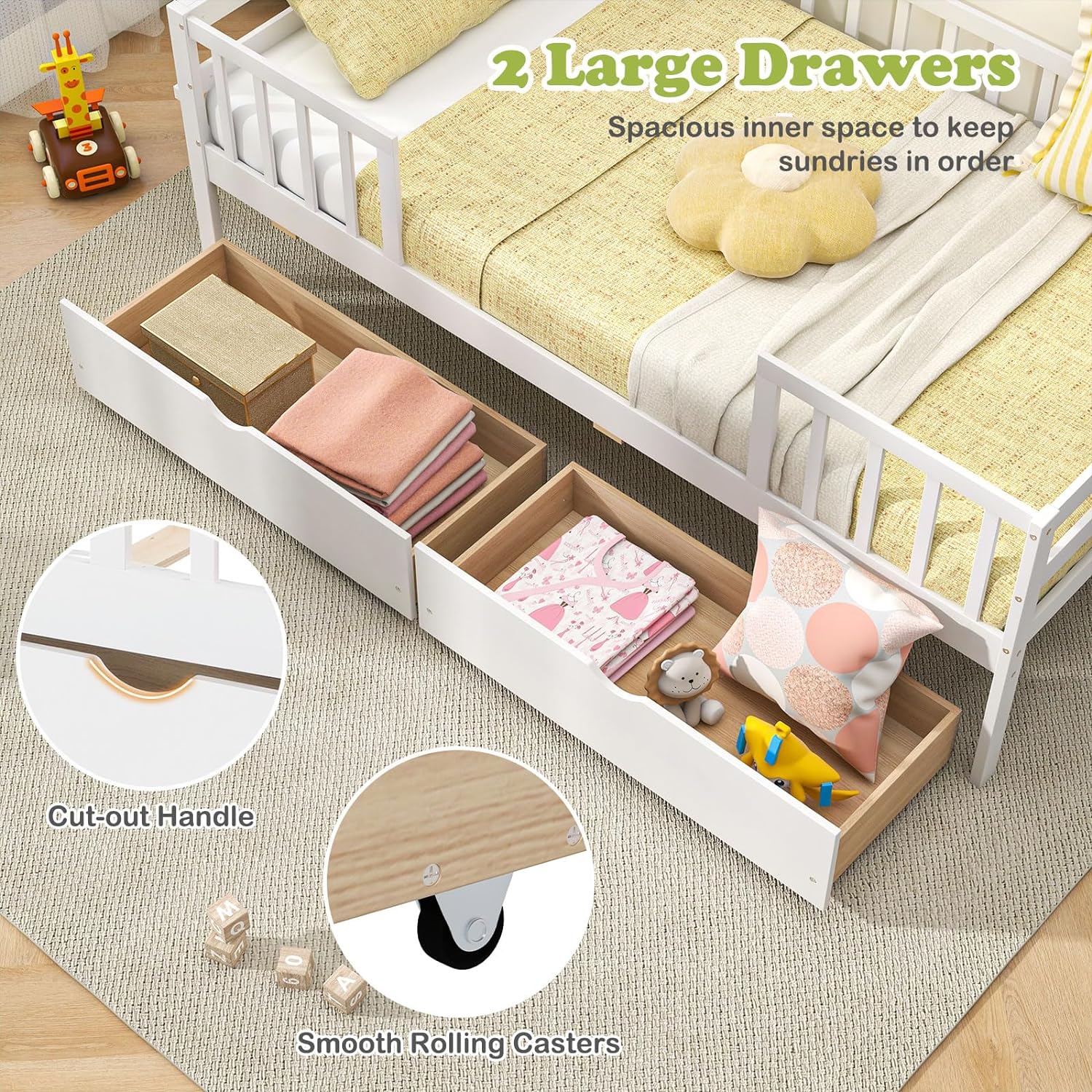 Giantex Twin Kids Bed with Storage Drawers, Wood Montessori Bed with Rails & Side Shelf, Low Daybed for Boys, Girls, No Box Spring Needed (White)
