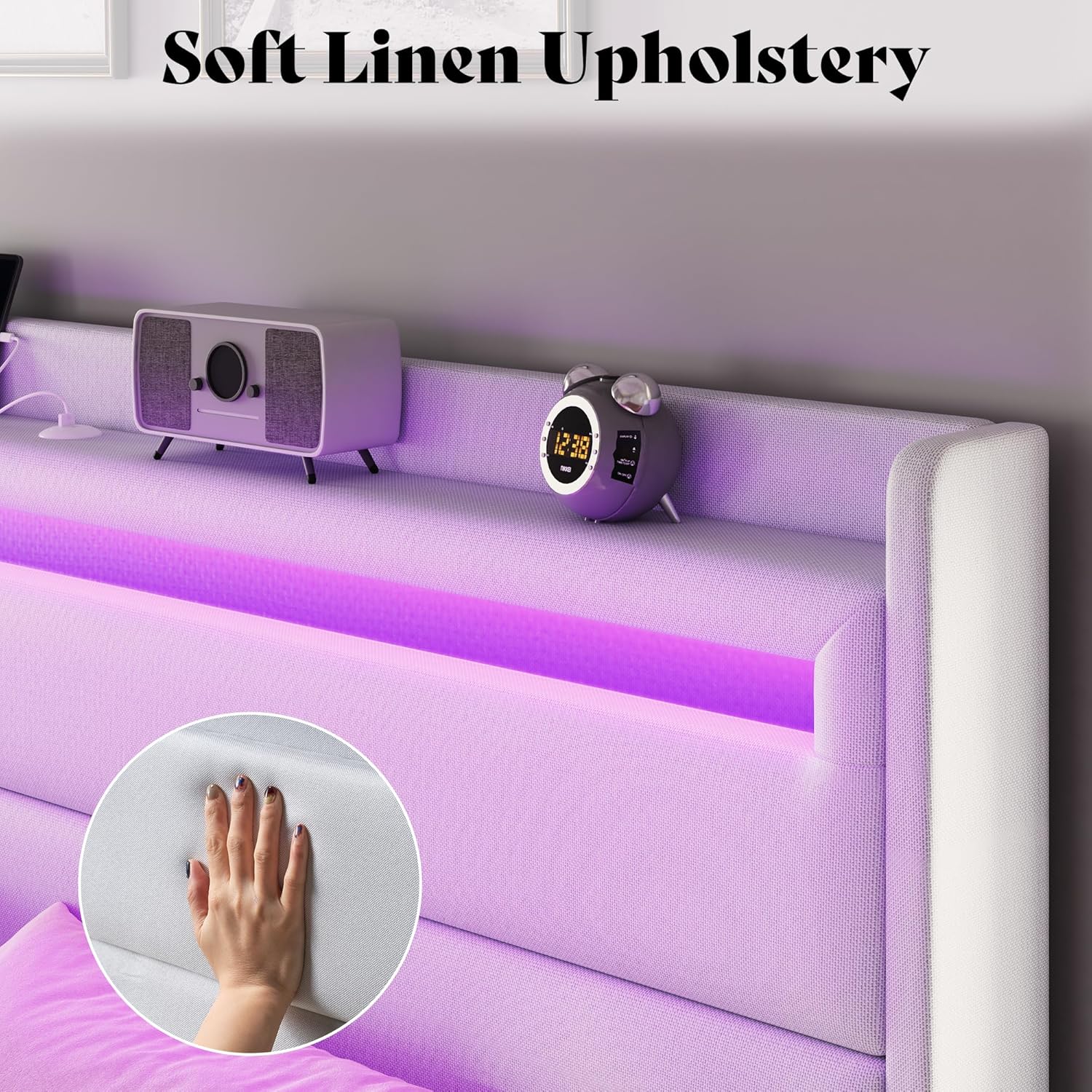 AMERLIFE King Size Upholstered Platform Bed Frame with RGBW LED Storage Headboard, 4 Foldable Storage Drawers & Charging Station, Soft Linen Fabric, No Box Spring Needed, White