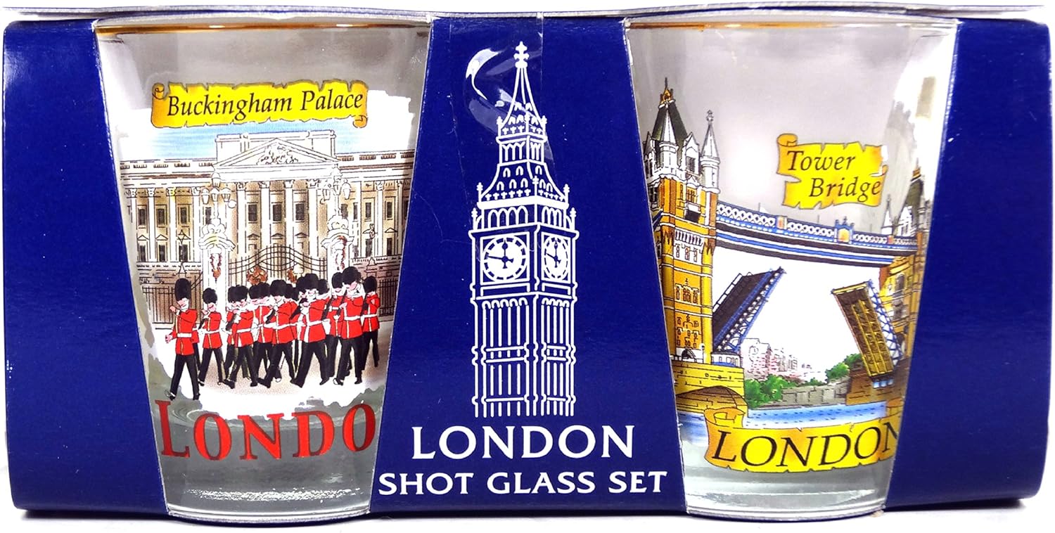 Round Gold Rim Shot Glasses with London Scens and Icons Print, Set of 2
