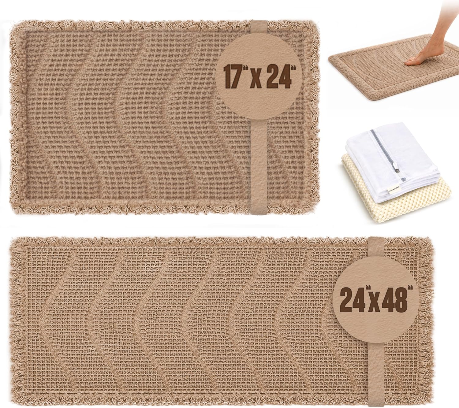 Waffle Knit Bath Mat Set of 2 – 17×24 & Large 24×48 Latte/Tan | Deluxe Dual Anti-Slip Backing + Extra Pad | Ultra-Absorbent Quick-Dry Waffle Bathroom Rug Boho Chic Decor | Laundry Bag Included