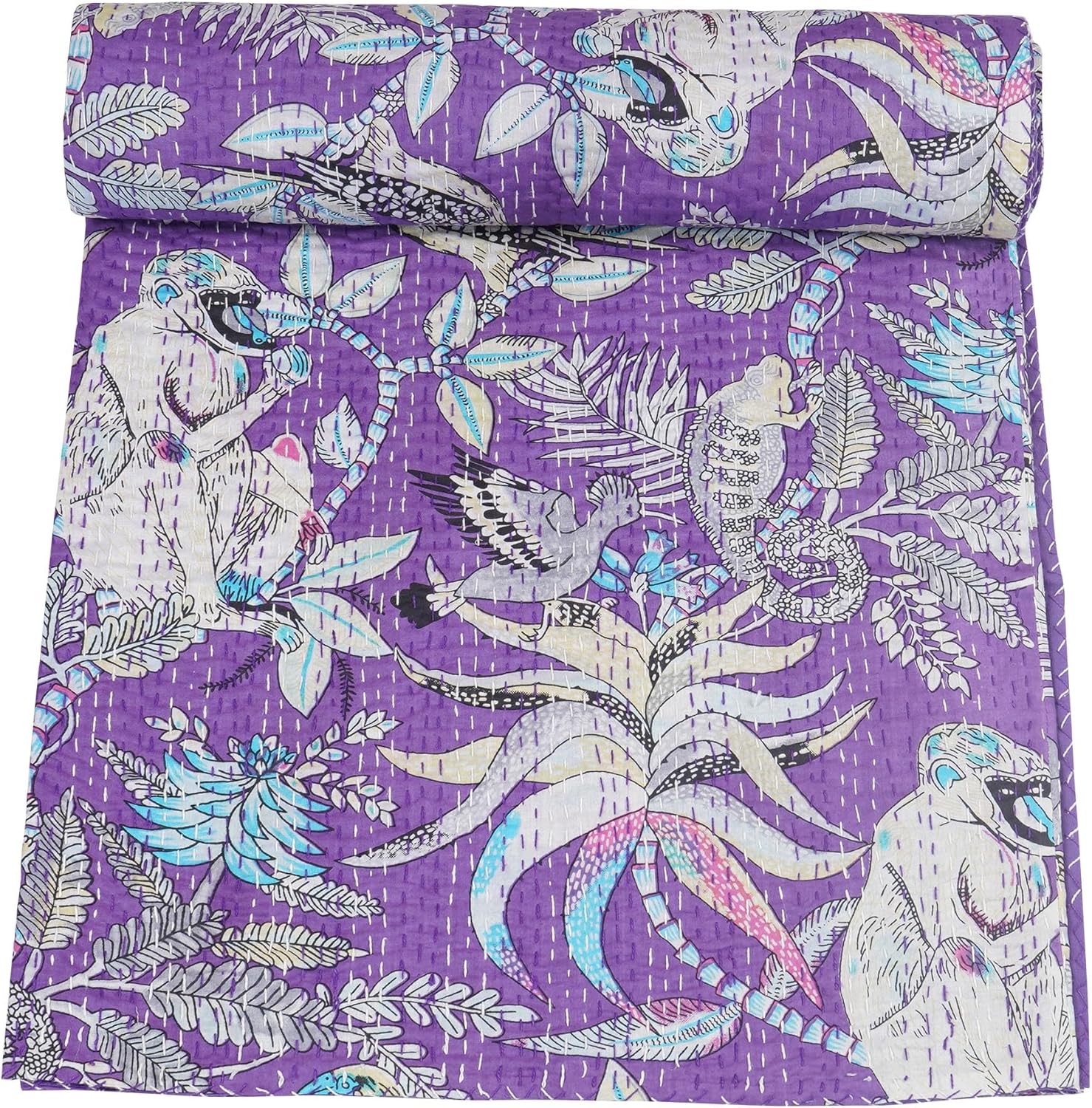 Marubhumi Indian Handmade Traditional Monkey Print Kantha Quilt Indian Cotton Bedding Throw Blanket Bespread Hand Stitched with Love (Mint, Queen (90"x 108"))