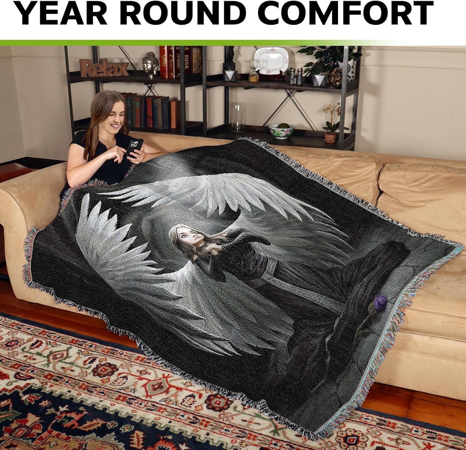 Pure Country Weavers Prayer for The Fallen Angel Woven Blanket by Anne Stokes - Fantasy Gift Cotton Tapestry Throw - Made in The USA - 72" x 54"