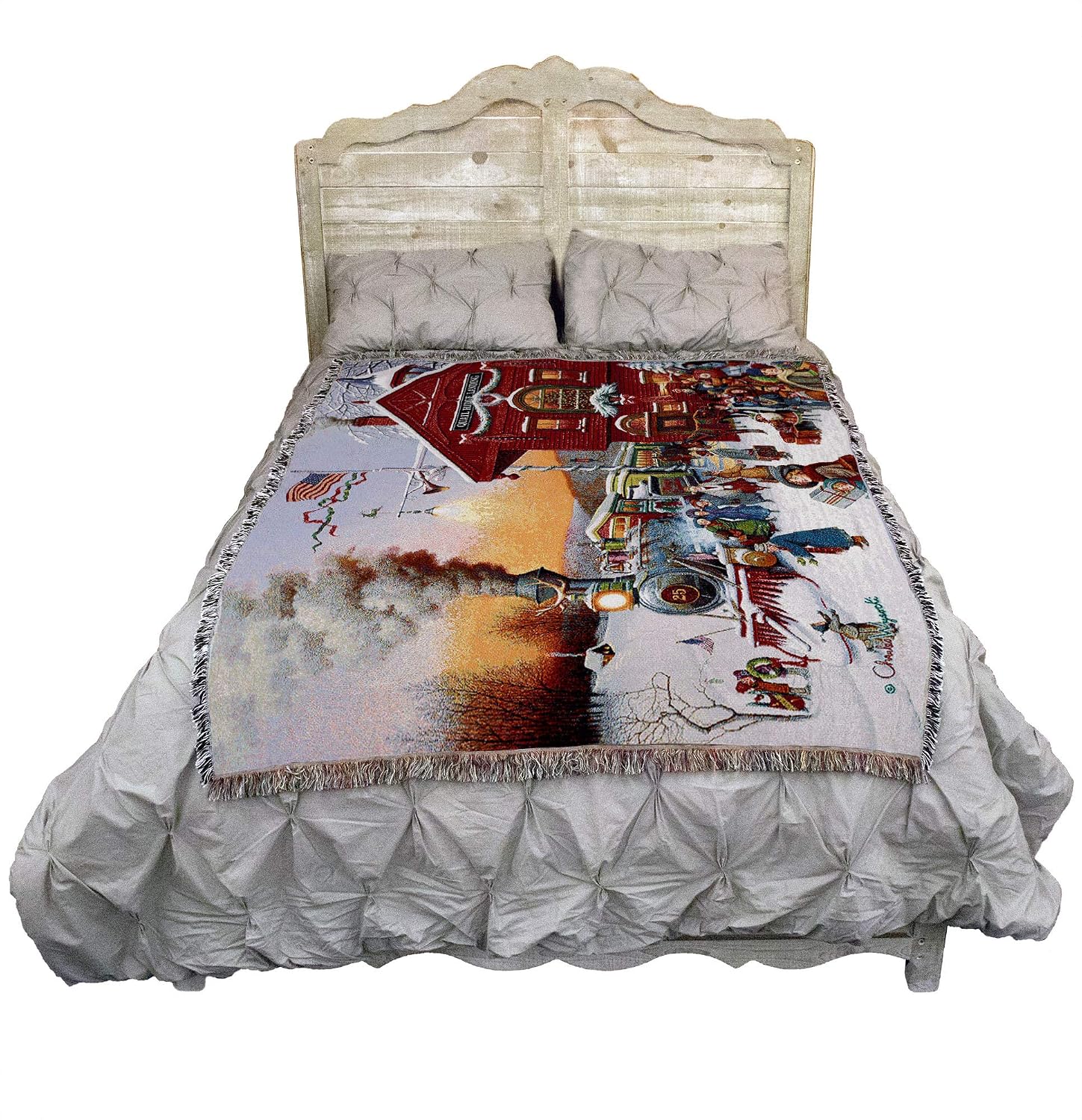 Pure Country Weavers Whistle Stop Blanket by Charles Wysocki -Train Station Early America Gift Christmas Tapestry Throw Woven from Cotton - Made in the USA (72x54)