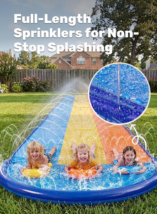 Sloosh Triple Water Slide with 3 BodyBoards, 22.5FT Lawn Water Slip Splash Pad Slide Summer Toy with Build in Advanced Sprinkler for Kids Adults Backyard Summer Water Fun