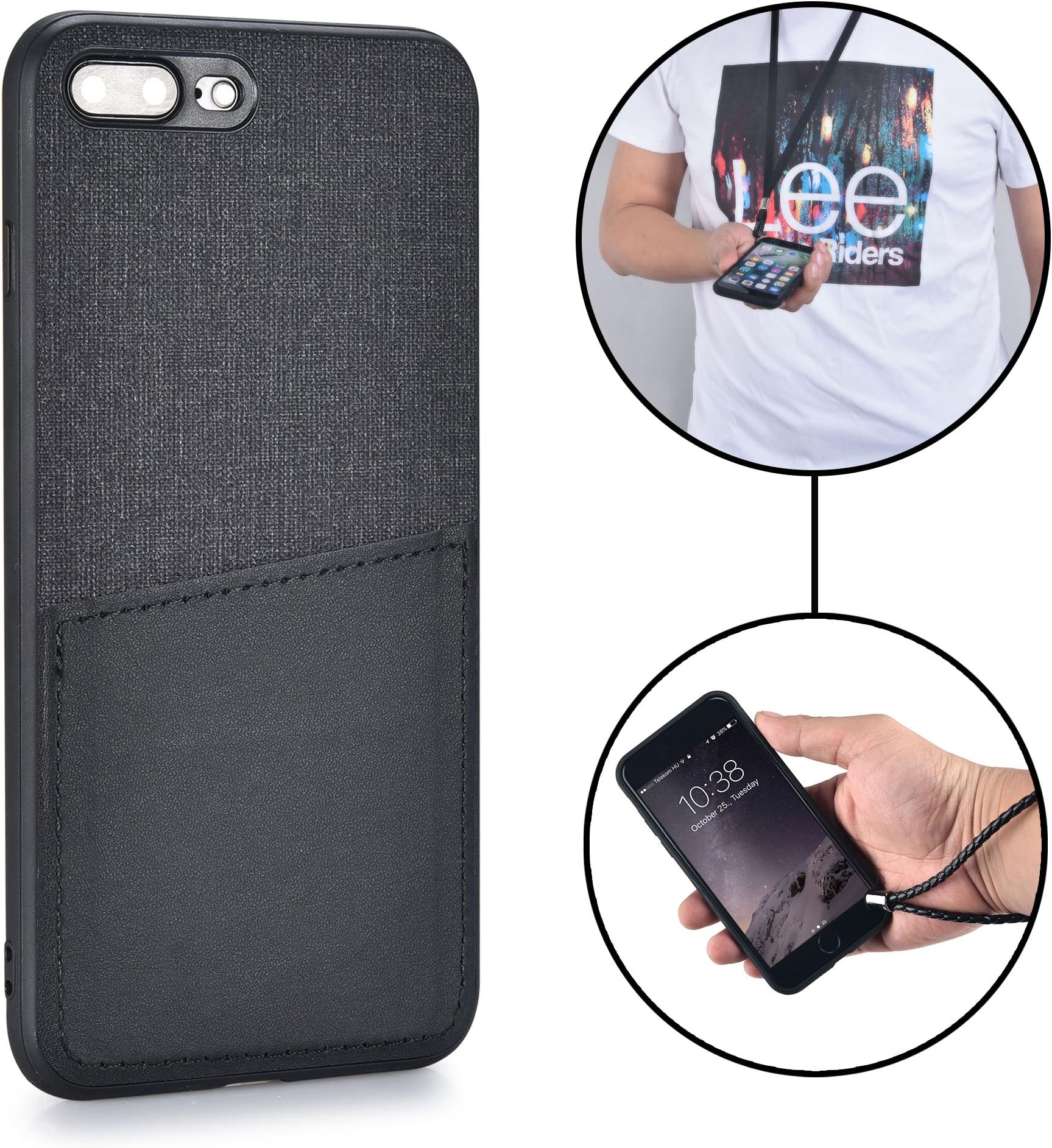 MANGATA KORE Wallet Case for iPhone 8 Plus iPhone 7 Plus | Wristlet Case & Neck Strap Rugged Lanyard | Leather Card Pocket + Wrist Strap (Black)