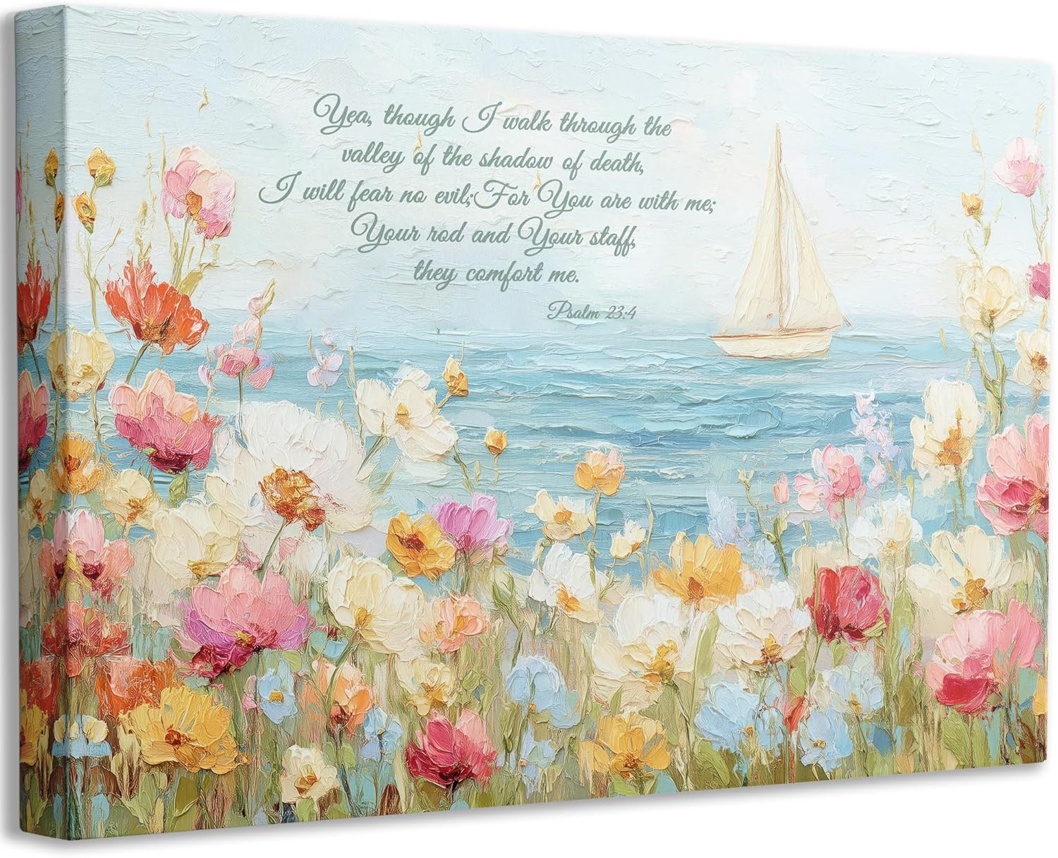 Christian Bible Floral Canvas Wall Art,Ocean Flower Psalm 23 Painting Picture Wall Decor,Seaside Floral Poster Print Artwork for Bathroom,Gallery,Bathroom,Church,Home Decoration 16x24in