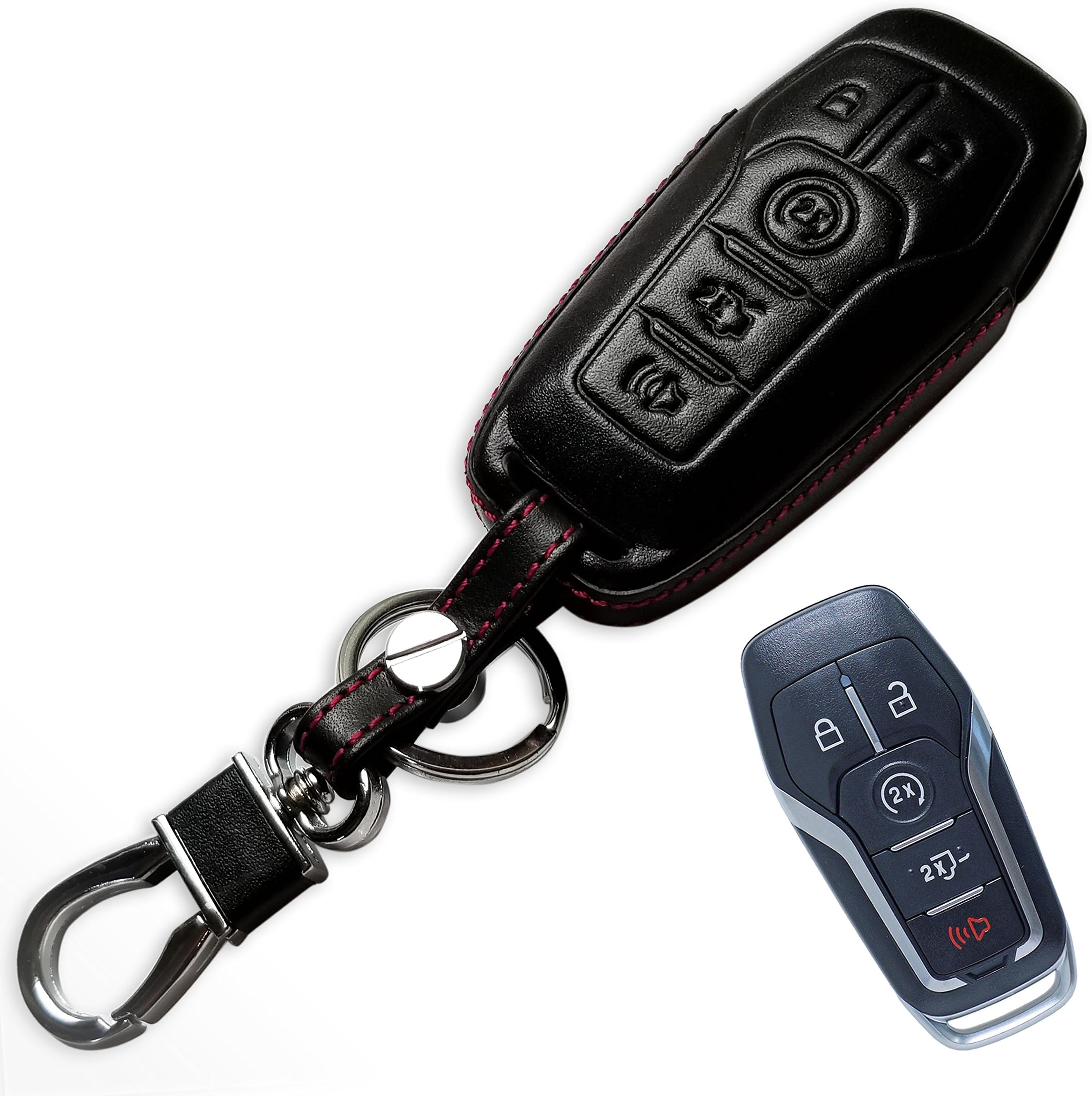 Massimiliano Incas Dobrev 5 Buttons Genuine Leather Case Protector Key Fob Cover Smart Car Remote Holder Fit for Ford Fusion F-150 Mustang Edge F-450 Lincoln MKZ MKC (Black Leather)