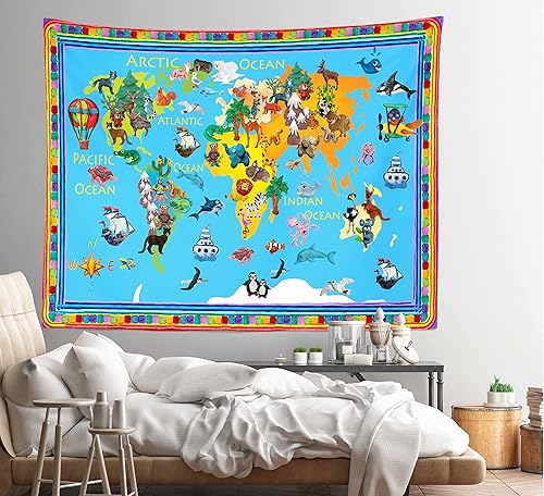 Miniatura 27 de BELECO Tapiz de mapa del mundo infantil para colgar en la pared, diseño de animales de dibujos animados, para dormitorio, sala de estar, dormitorio