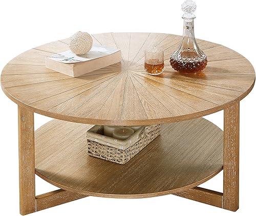Mesa auxiliar redonda de madera rústica, 2 niveles con espacio para almacenamiento, fácil montaje, (marrón claro, 35 pulgadas de profundidad x 35