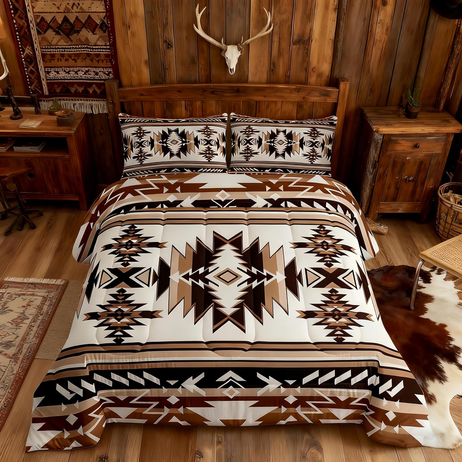 Manfei Aztec Print Kids Comforter Set Queen Size,Western Cowboy Southwest Tribal Bedding Set,Boys Girls Adults Room Decor,Abstract Geometric Patchwork Qulit Set,Brown Retro Duvet Insert,2 Pillowcases