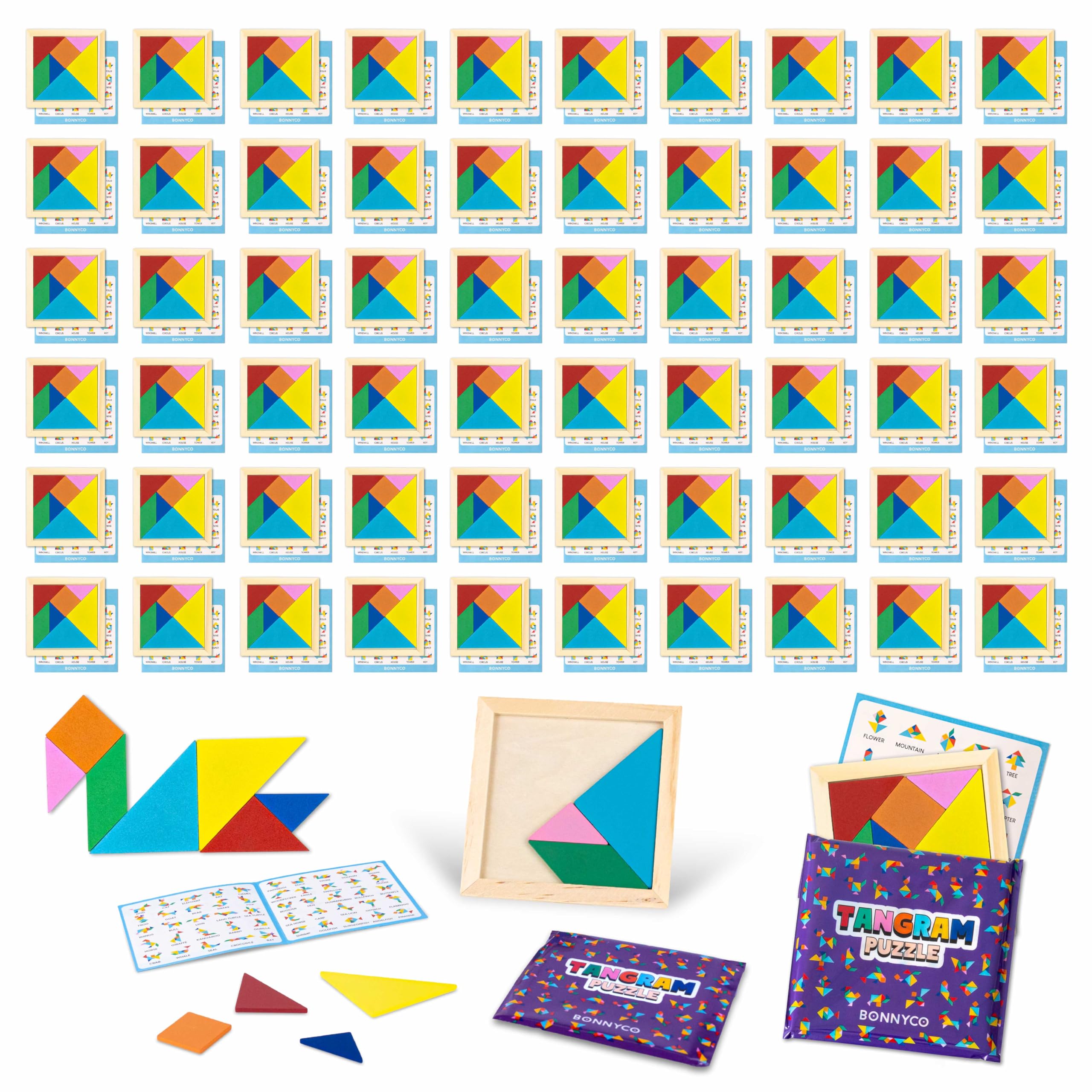 BONNYCO Tangram Kinder Mitgebsel Kindergeburtstag Gastgeschenke 60 Stück. Tangram Puzzle, Kleine Geschenke für Kinder. Give Aways Kindergeburtstag Mitgebsel Set, Pinata Füllung, Mini Spielzeug