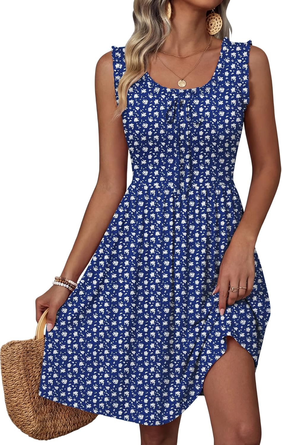 Loemes Teen Petite Womens Summer Floral Crew Neck Mini Dresses with Pockets Cute Milkmaid Sundress 2026