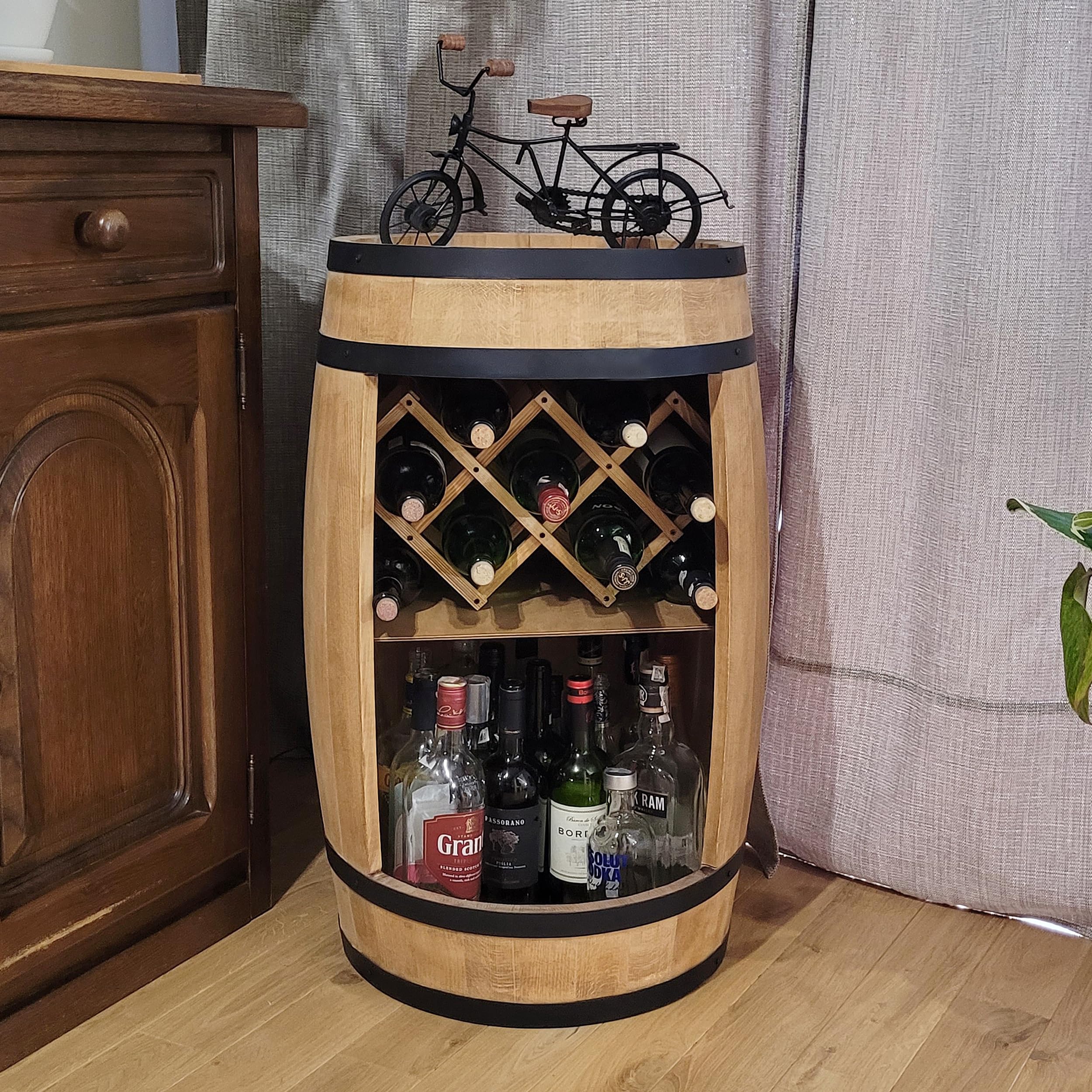 weeco Barilotto in legno da 80x50cm per soggiorno, Minibar, Bar da parete, Barile in legno, Botte da collezione per bottiglie, Scaffale per bottiglie per vino, Cantinetta per Cucina, Portabottiglie
