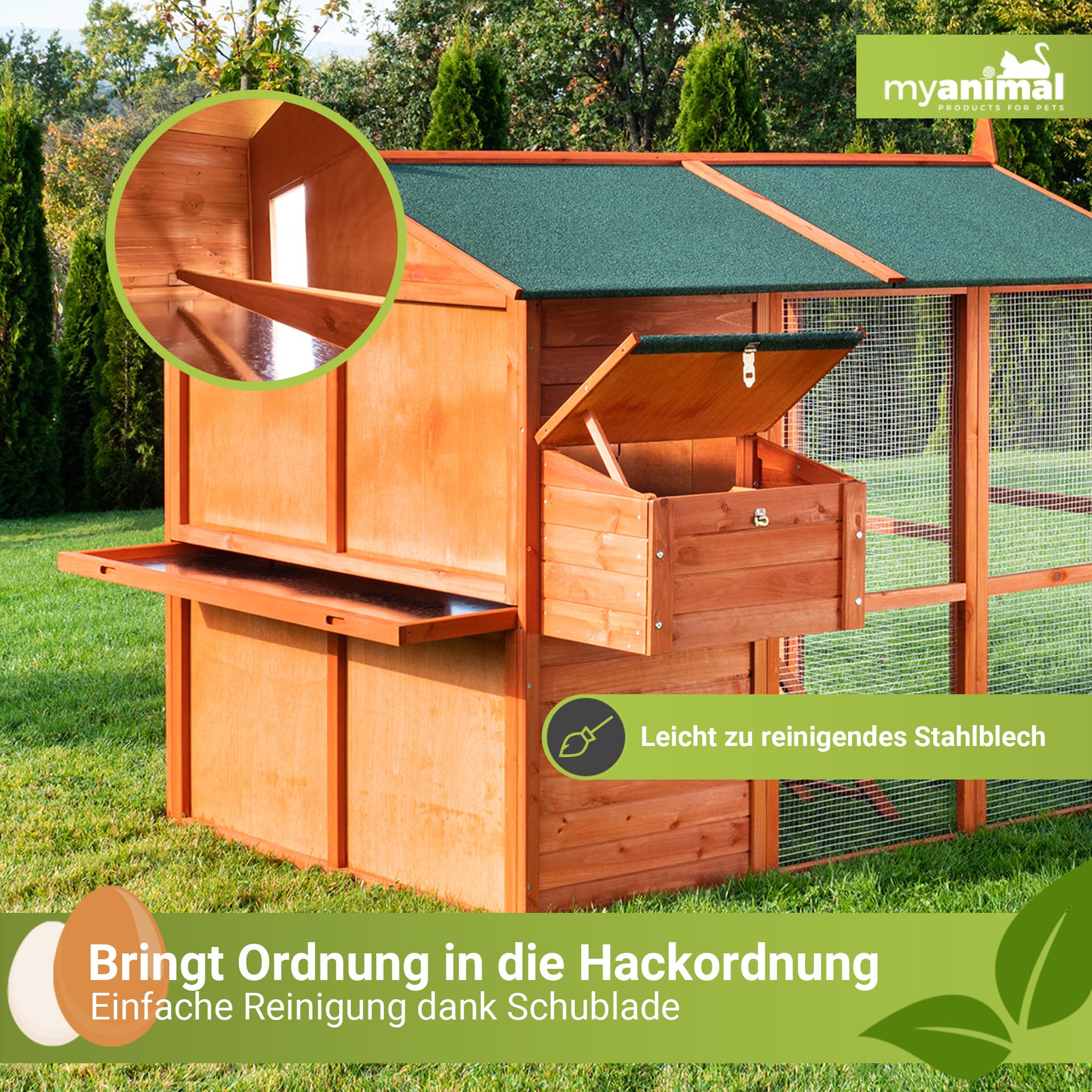 Miweba MyAnimal Hühnerstall XXL für 7 Hühner | 186x146x147 cm Winterfest - Vogelhaus - Hühnergehege mit Nistkasten - Voliere - Hühnerhaus - Freilaufgehege Huhn - Legenest - Vogelvoliere (Braun)