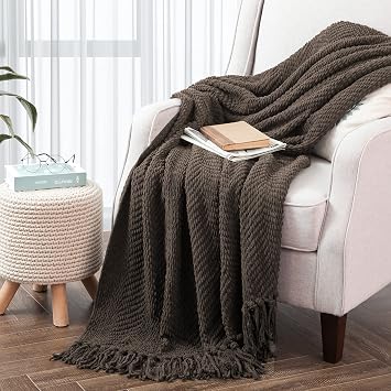 Throw Blanket for Couch Soft Knitted Textured Couch Cover Tweed Blanket with Fringe Tassel for Home Decor Bed Sofa Chair, 50" x 60", Coffee Brown