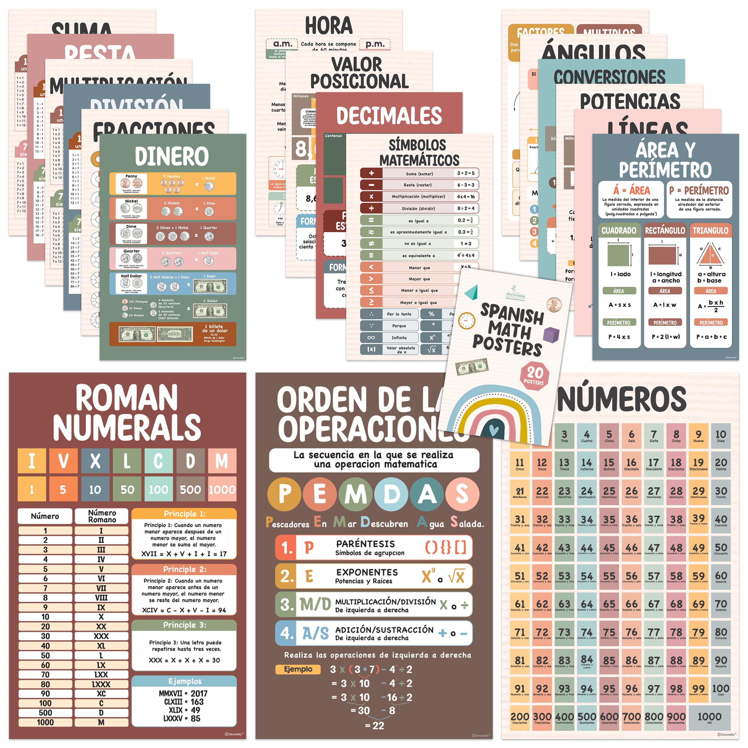 Decorably 19 Boho Spanish Math Posters, 11x17in Matte-Laminated Educational Spanish Posters for Classroom