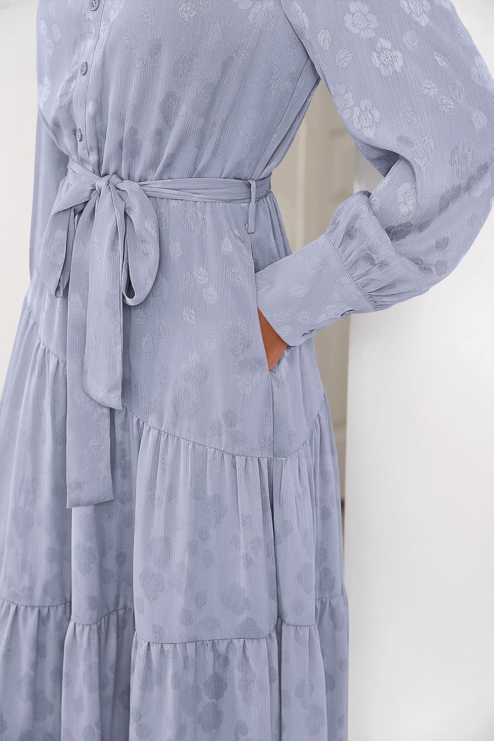 dowerme Women's Casual Dresses 2025 Fall Fashion Long Sleeve Button Up Floral Print Belted Tiered Boho Maxi Party Dress - Image 4