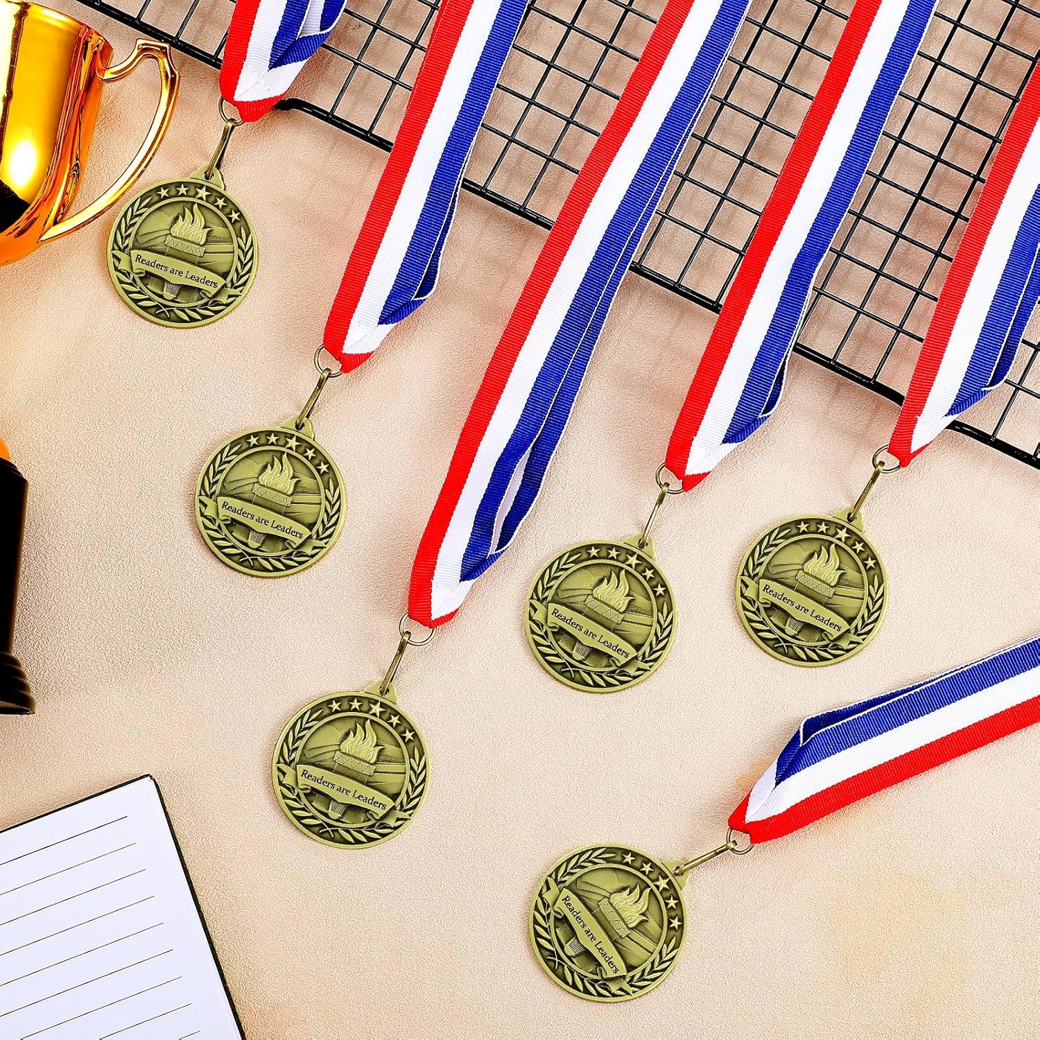 24 pcs Reading Award Medals with Neck Ribbons Metal Trophy Award Prize Gift Readers are Leaders Medals