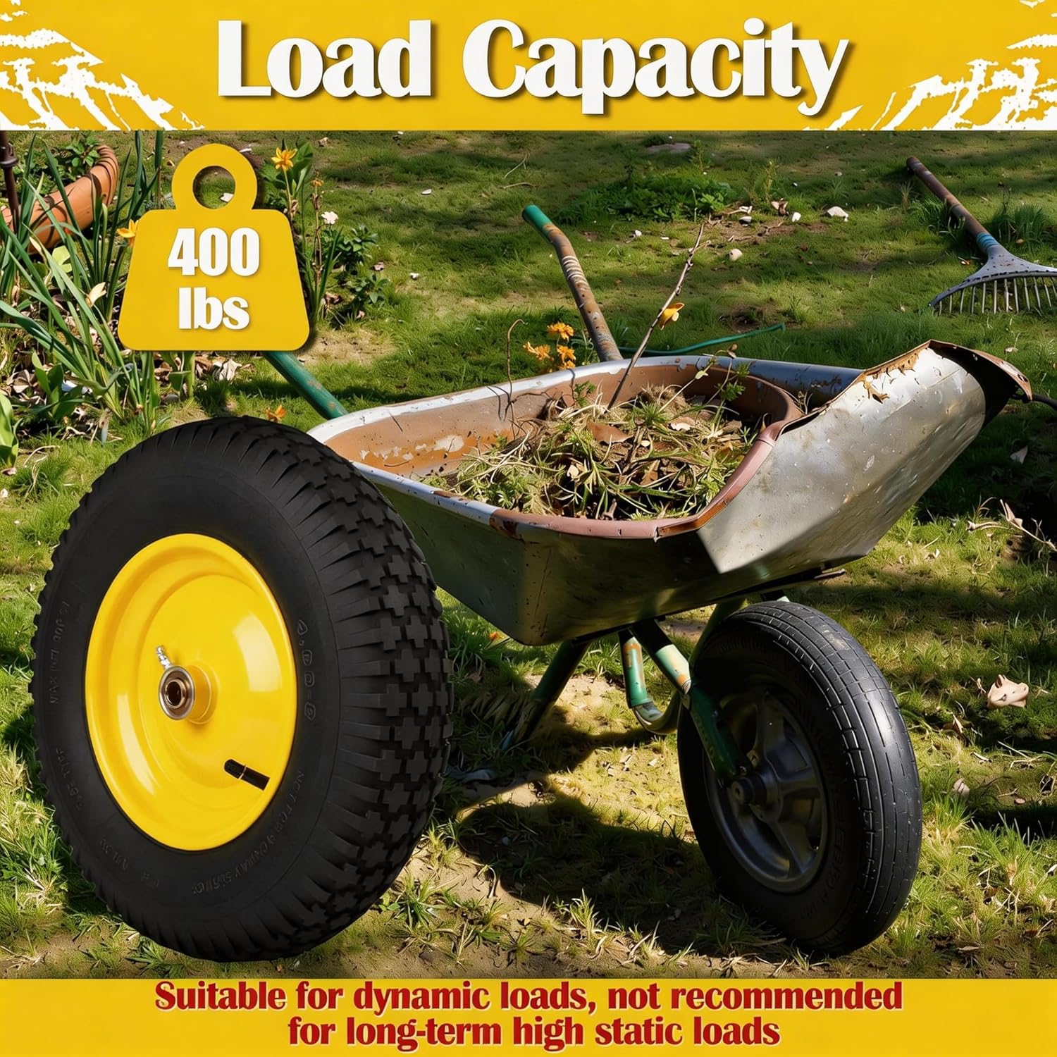 4.80/4.00-8 Pneumatic Tires, 16" Wheelbarrow Tire and Wheel 400LB Capacity, with 5/8" & 3/4" Bushing Kit, 3"-4''-6''-7" Adjustable Hub, for Garden Cart, Utility Carts, Trailers, Hand Trucks, 2 Pack