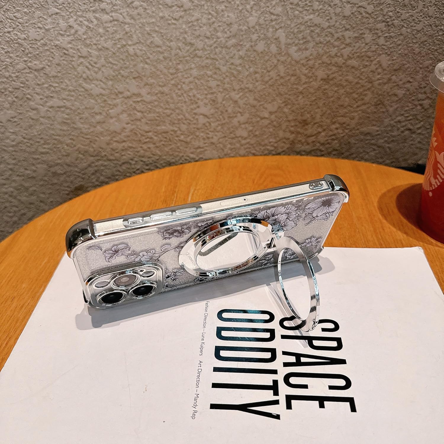 for iPhone 14 Pro Max Case with Diamond Mirror Kickstand,[Reinforced Conner Bumper][Glitter Bling Floral Design] Luxury Shinny Electroplated Edge for Women Girls-Silver - Image 7