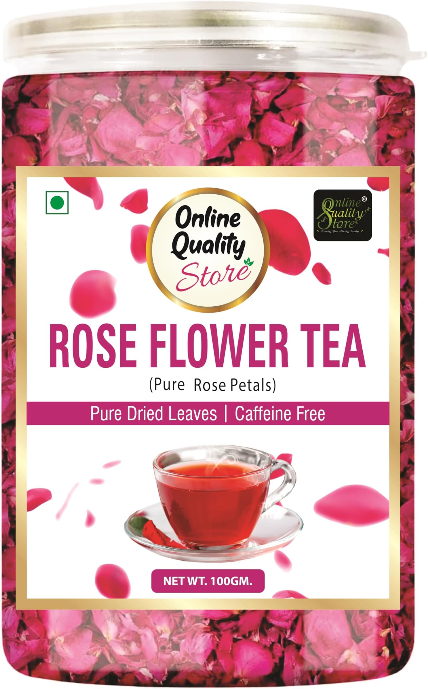 Online Quality Store Rose Flower Tea - 100g | Caffeine Free Herbal Tea | Use for Iced Tea, Cocktails | Cures Sore Throat | Dried Leaves