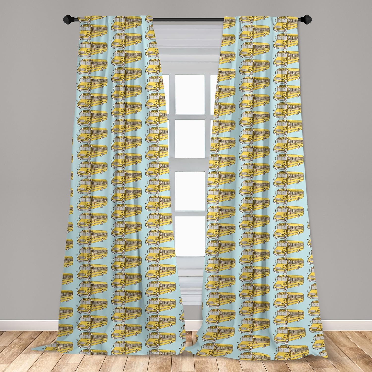 Ambesonne Retro Window Curtains, Vintage Repeating Pattern of Sketch Drawing Retro Bus, Lightweight Decorative Panels Set of 2 with Rod Pocket, Pair of - 28" x 63", Blue Mustard