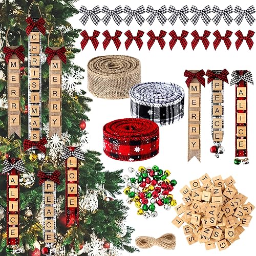 DIY Letter Christmas Tree Decorations Letter Tiles Christmas Decor Wooden Words Christmas Ornament with Linen Bells Bow Hanging Capital Letter