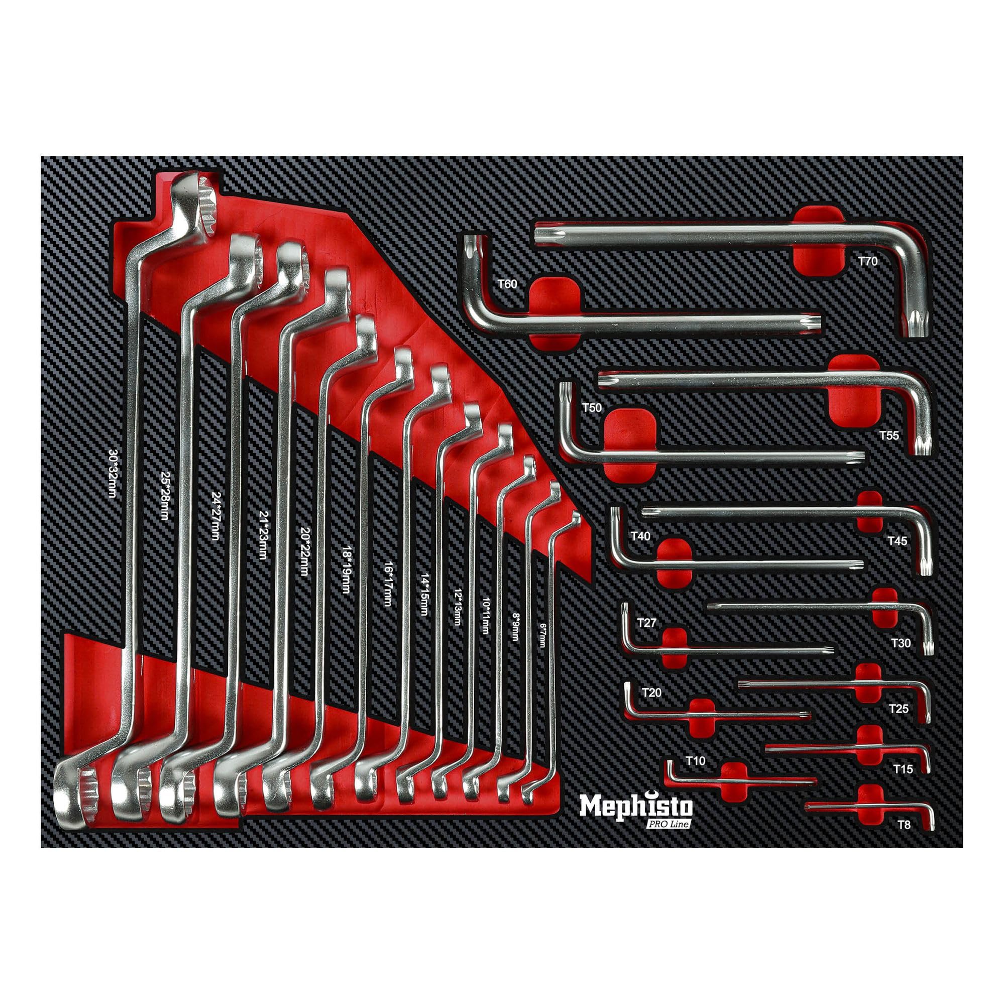 Mephisto Set di attrezzi per carrello da officina Pro Line con chiave a esagono incassato, set di chiavi ad anello, Soft Inlay in effetto carbonio metrico